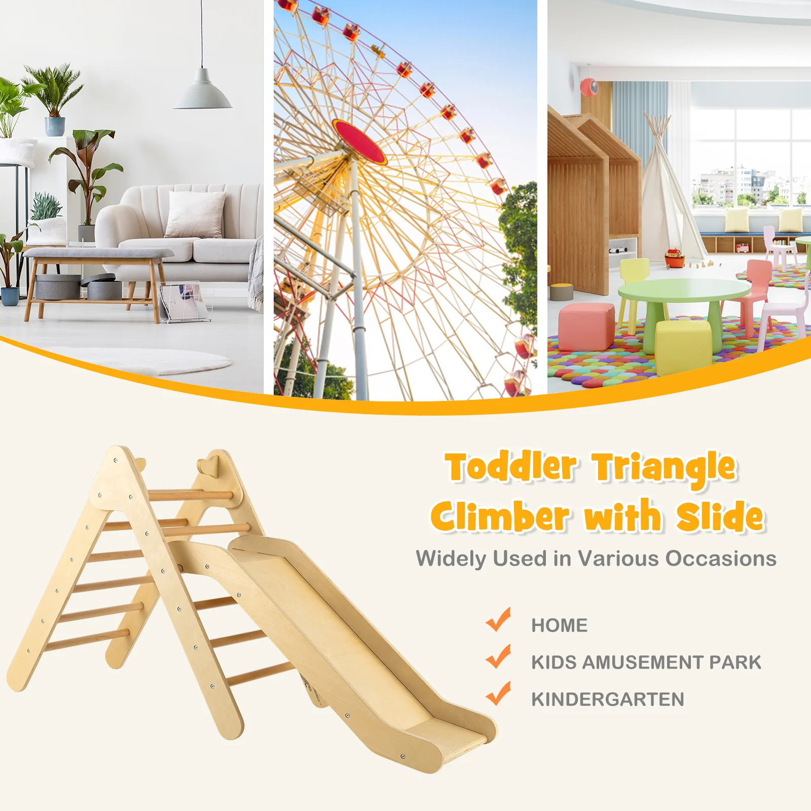 Wooden Triangle Climber Set, Adjustable Slide, Natural - Image 10