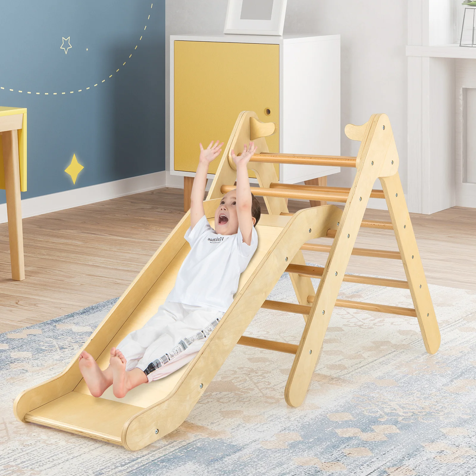 Wooden Triangle Climber Set, Adjustable Slide, Natural - Image 2