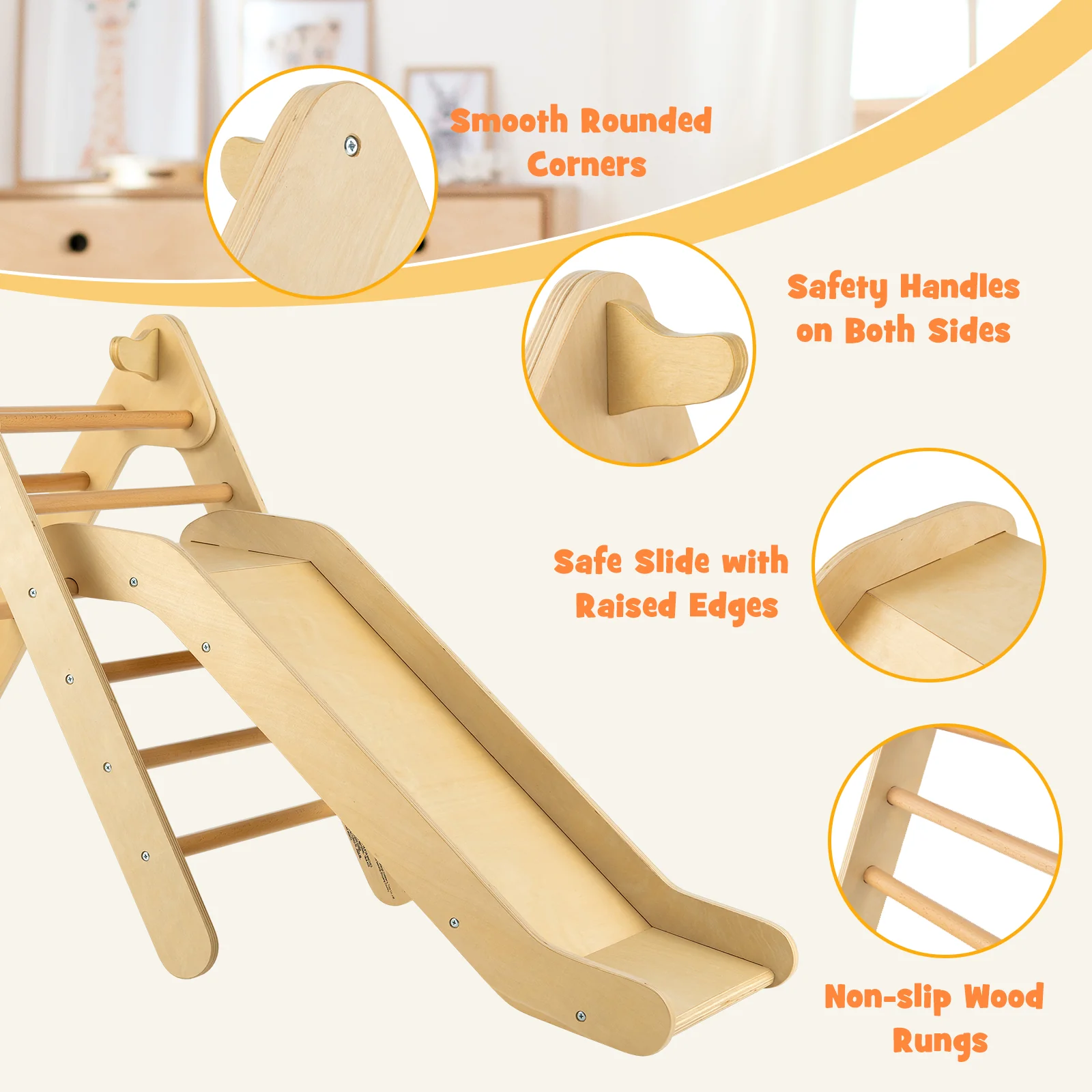 Wooden Triangle Climber Set, Adjustable Slide, Natural - Image 9