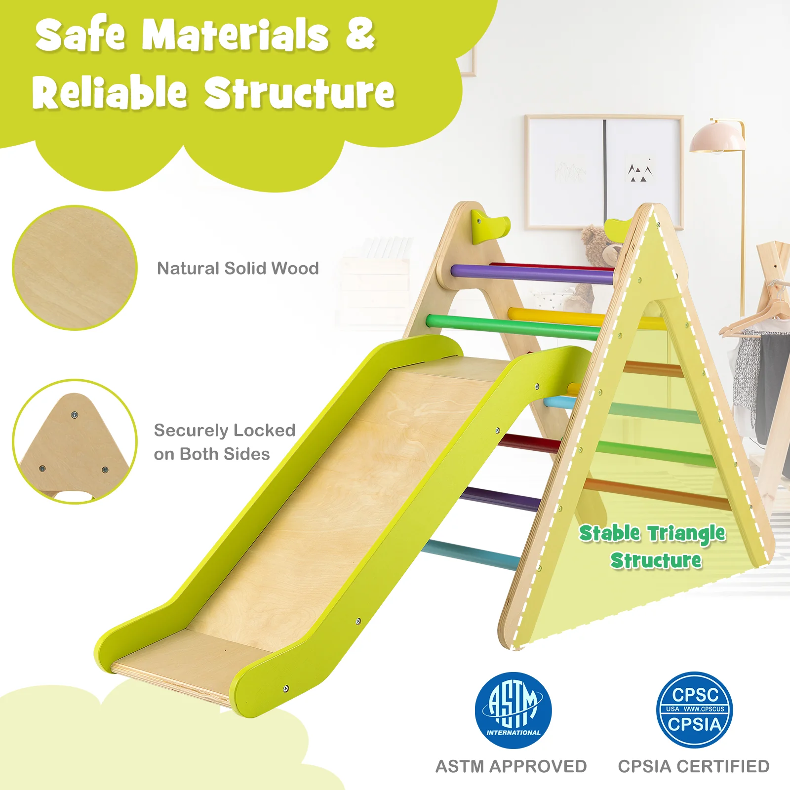 Wooden Triangle Climber Set, Gradient Adjustable Slide, Multicolor - Image 4