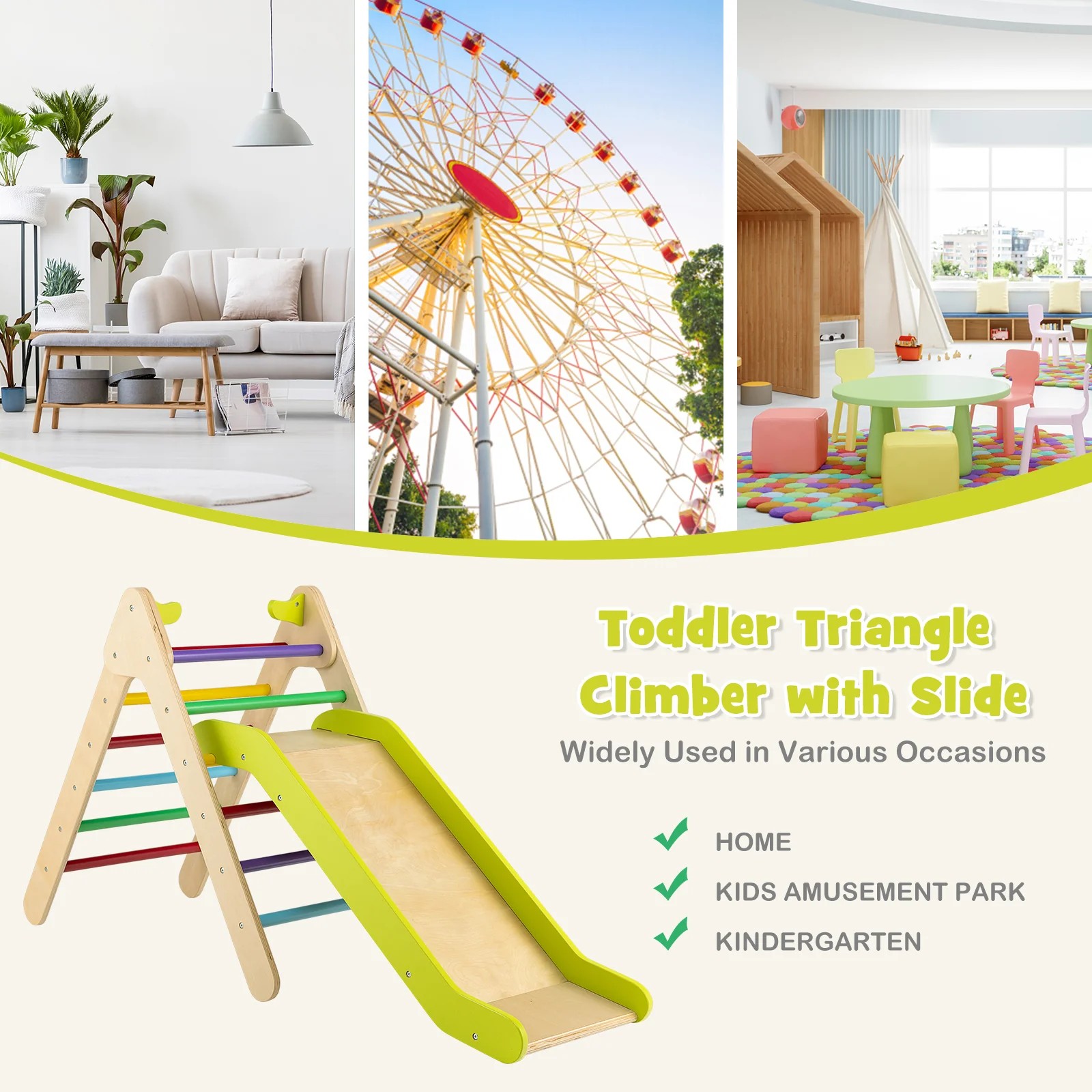 Wooden Triangle Climber Set, Gradient Adjustable Slide, Multicolor - Image 9