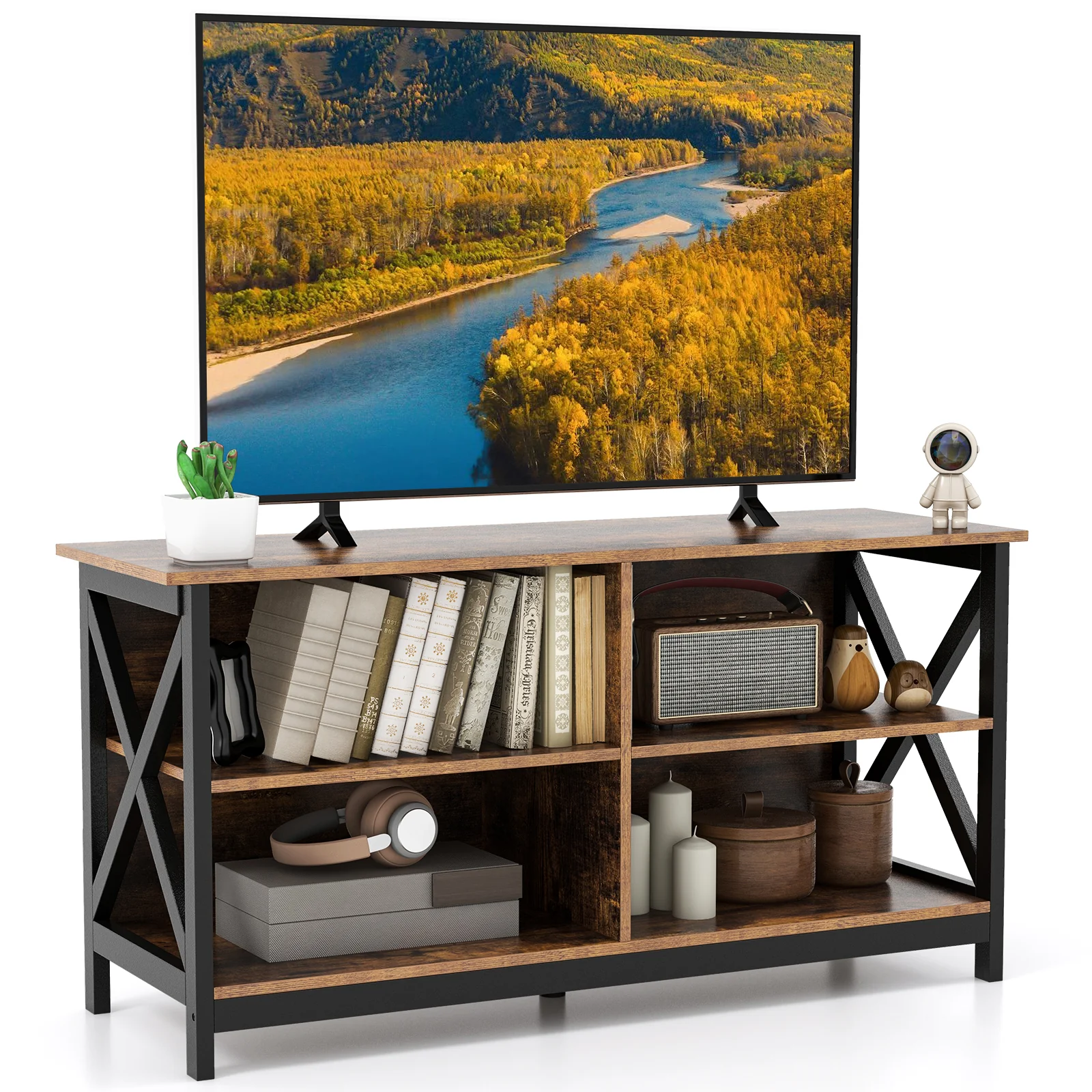 Wooden TV Stand For 55 Inch TVs, X-Shaped Frame, Brown - Image 4
