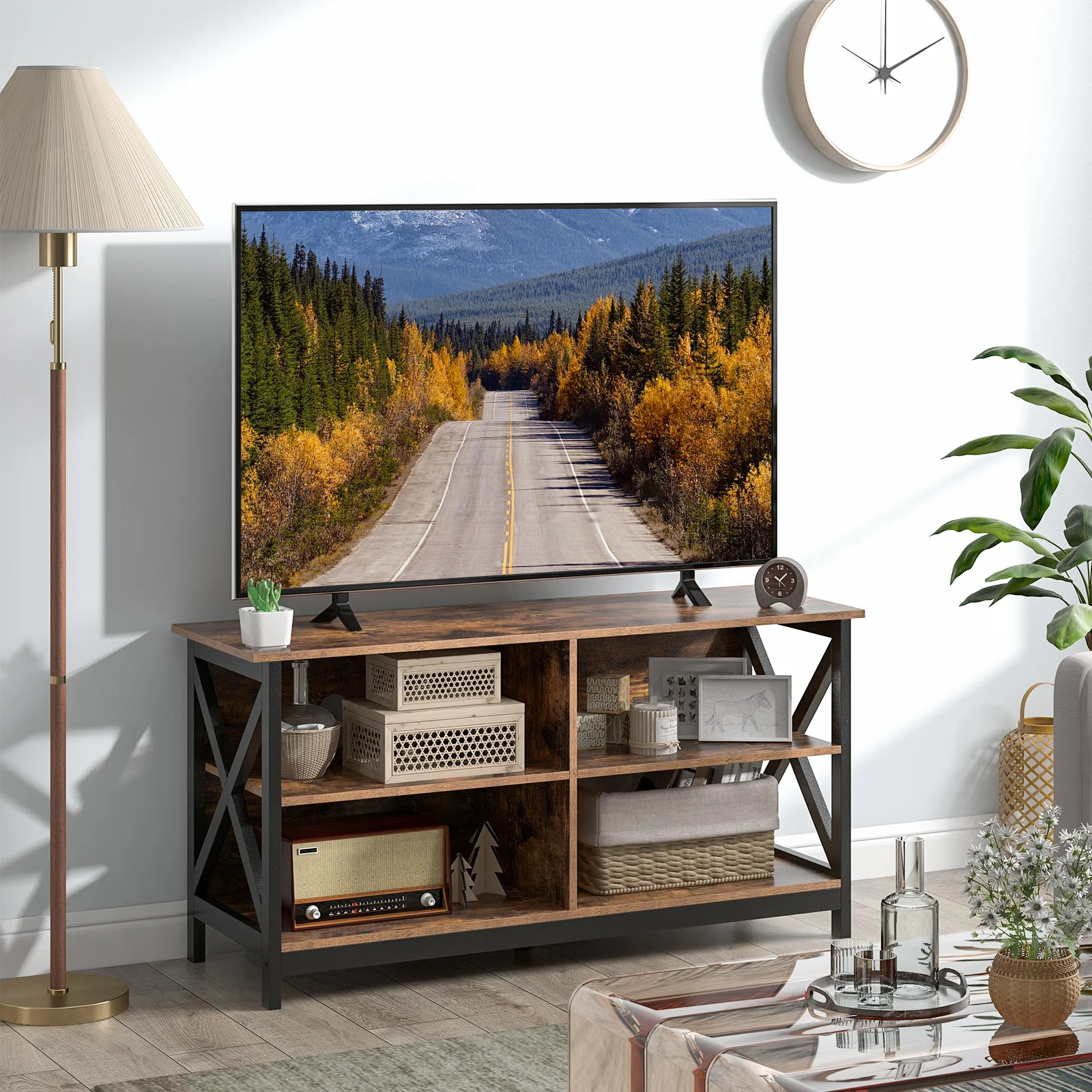 Wooden TV Stand For 55 Inch TVs, X-Shaped Frame, Brown - Image 7