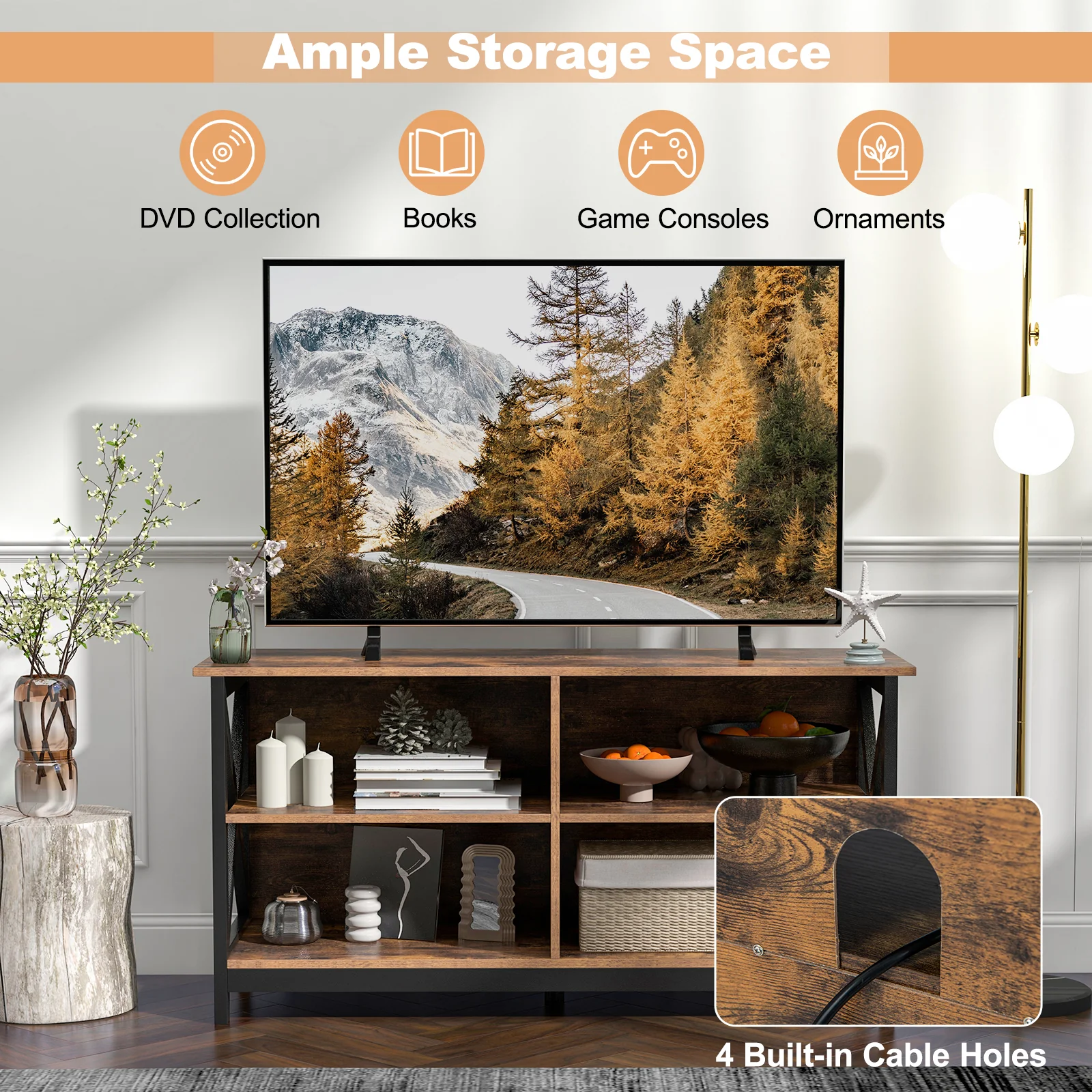 Wooden TV Stand For 55 Inch TVs, X-Shaped Frame, Brown - Image 8