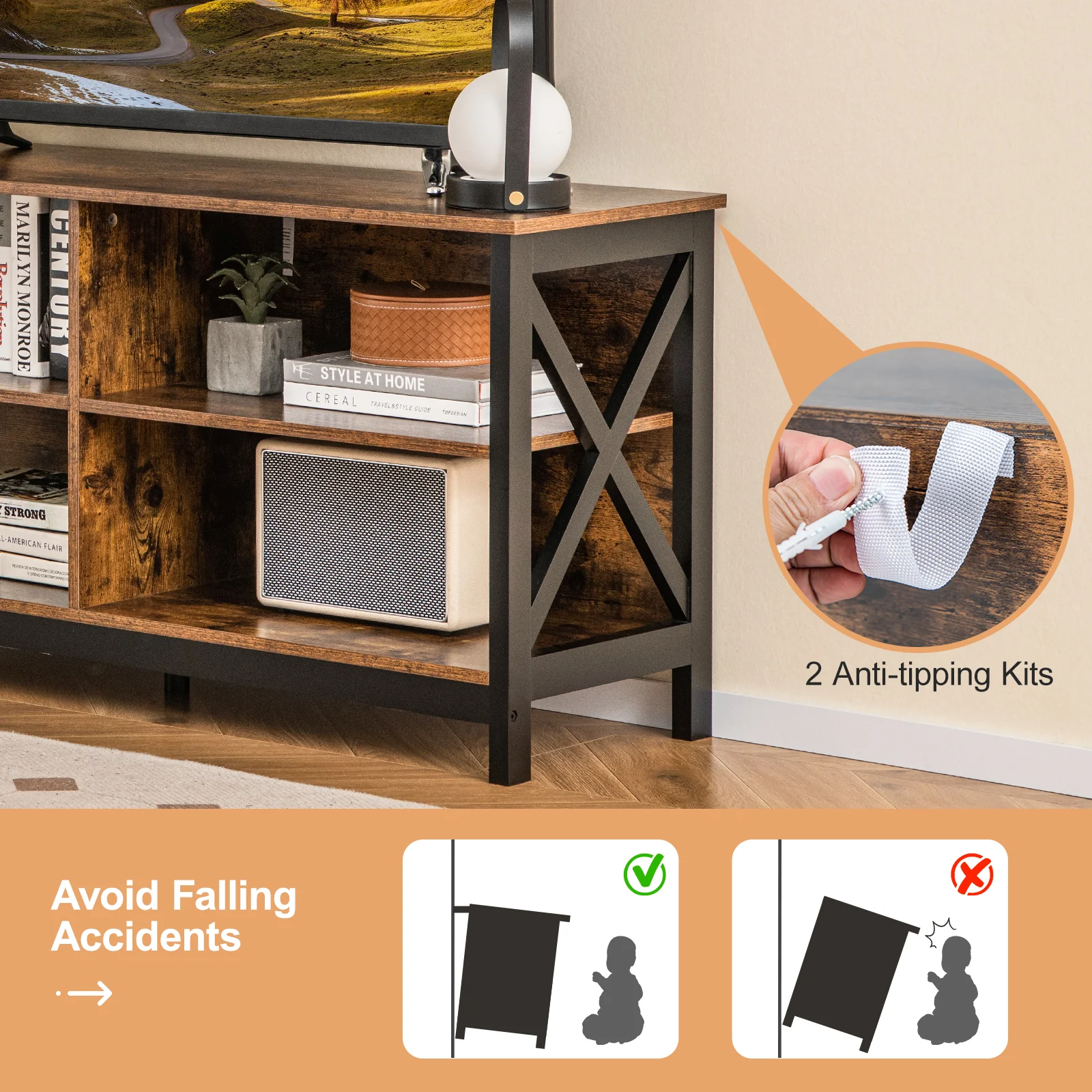 Wooden TV Stand For 55 Inch TVs, X-Shaped Frame, Brown - Image 9
