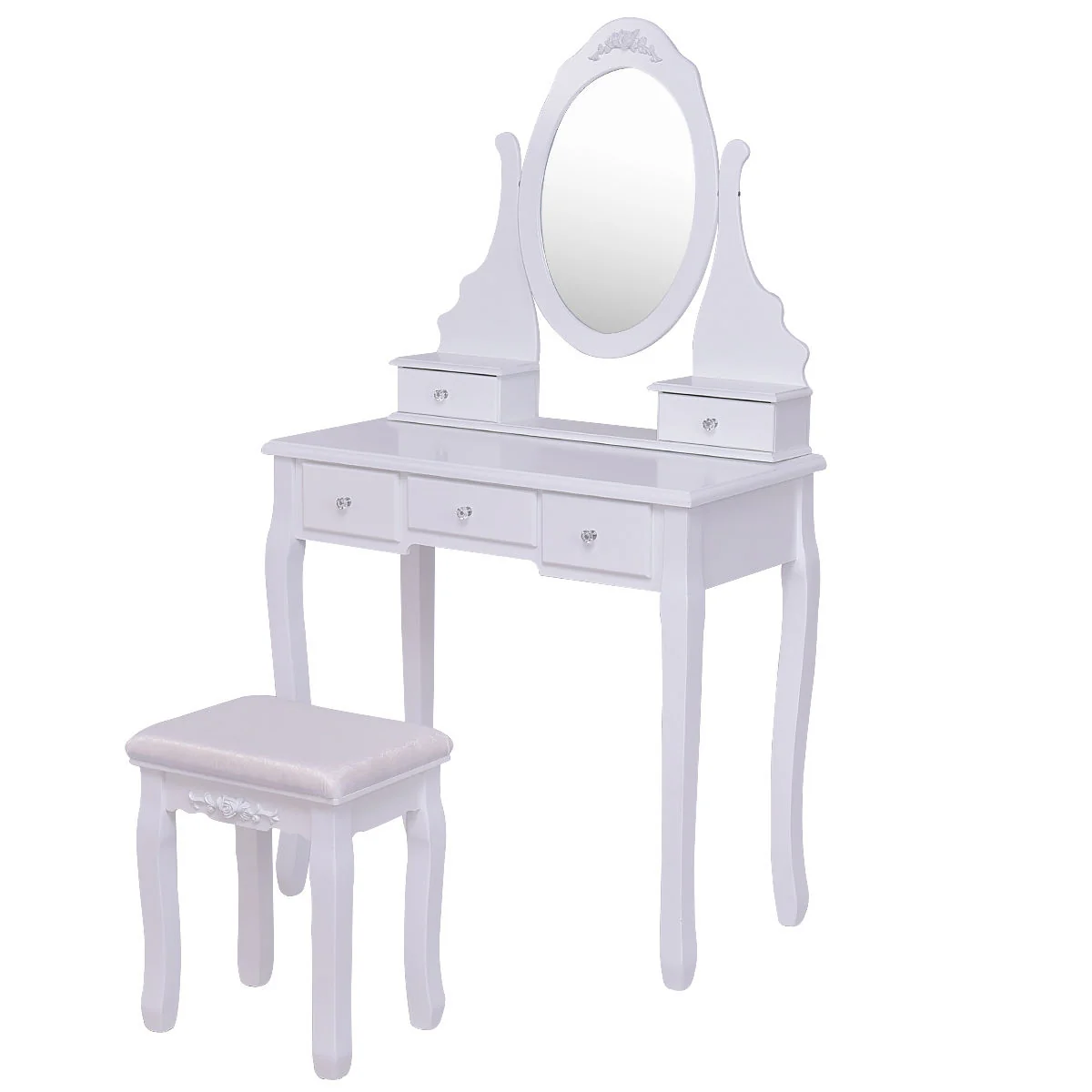 Wooden Vanity Set With 360° Rotating Mirror, Cushioned Stool, White - Image 5