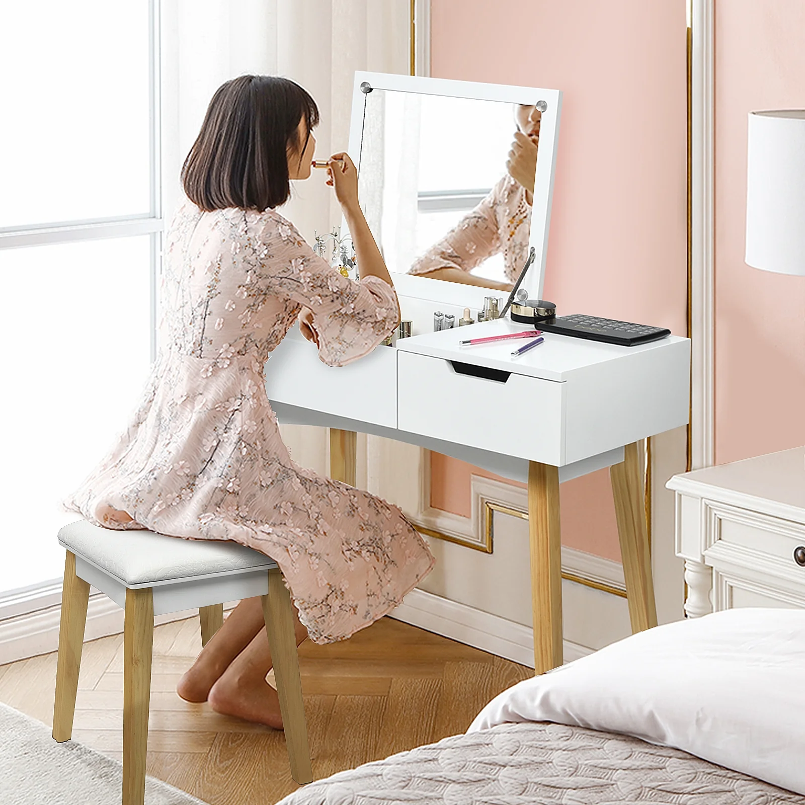 Wooden Vanity Table With Flip Top Mirror, Cushioned Stool, White - Image 10