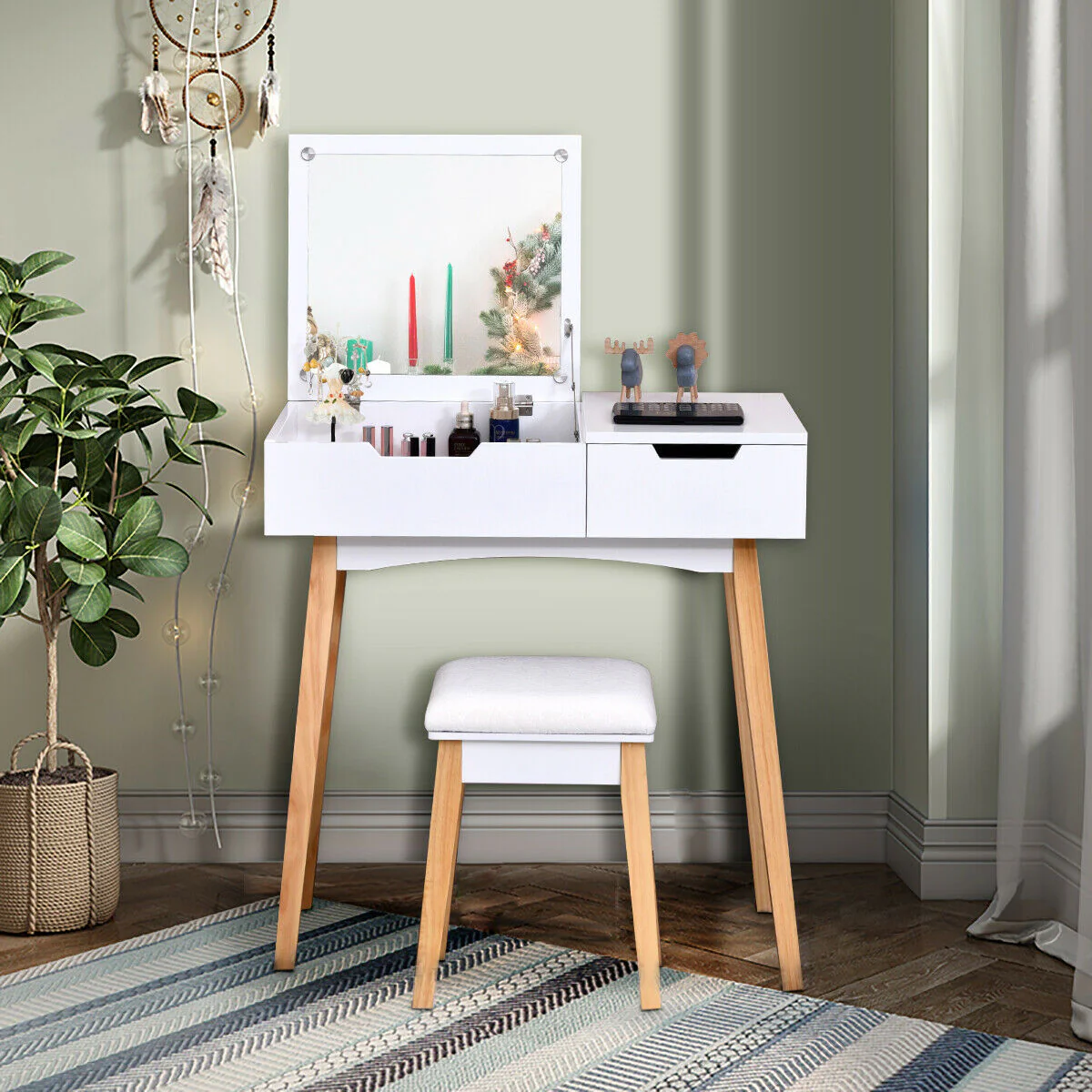 Wooden Vanity Table With Flip Top Mirror, Cushioned Stool, White - Image 2