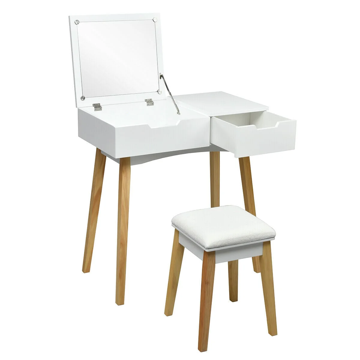 Wooden Vanity Table With Flip Top Mirror, Cushioned Stool, White - Image 4