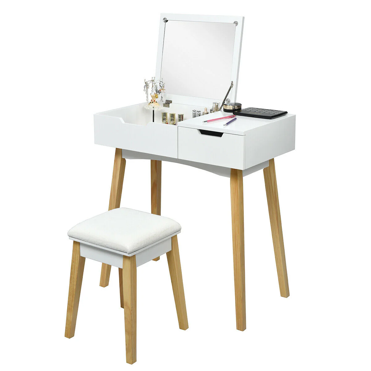 Wooden Vanity Table With Flip Top Mirror, Cushioned Stool, White - Image 5