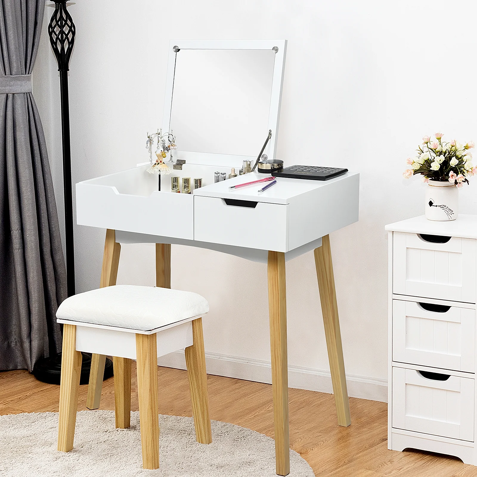 Wooden Vanity Table With Flip Top Mirror, Cushioned Stool, White - Image 9