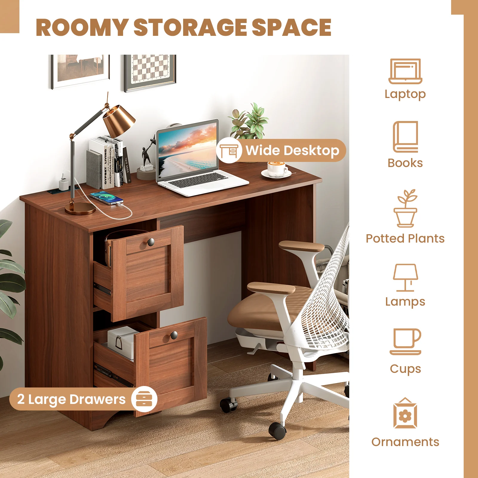 Wooden Vintage Computer Desk, 2 Drawers, Walnut - Image 9