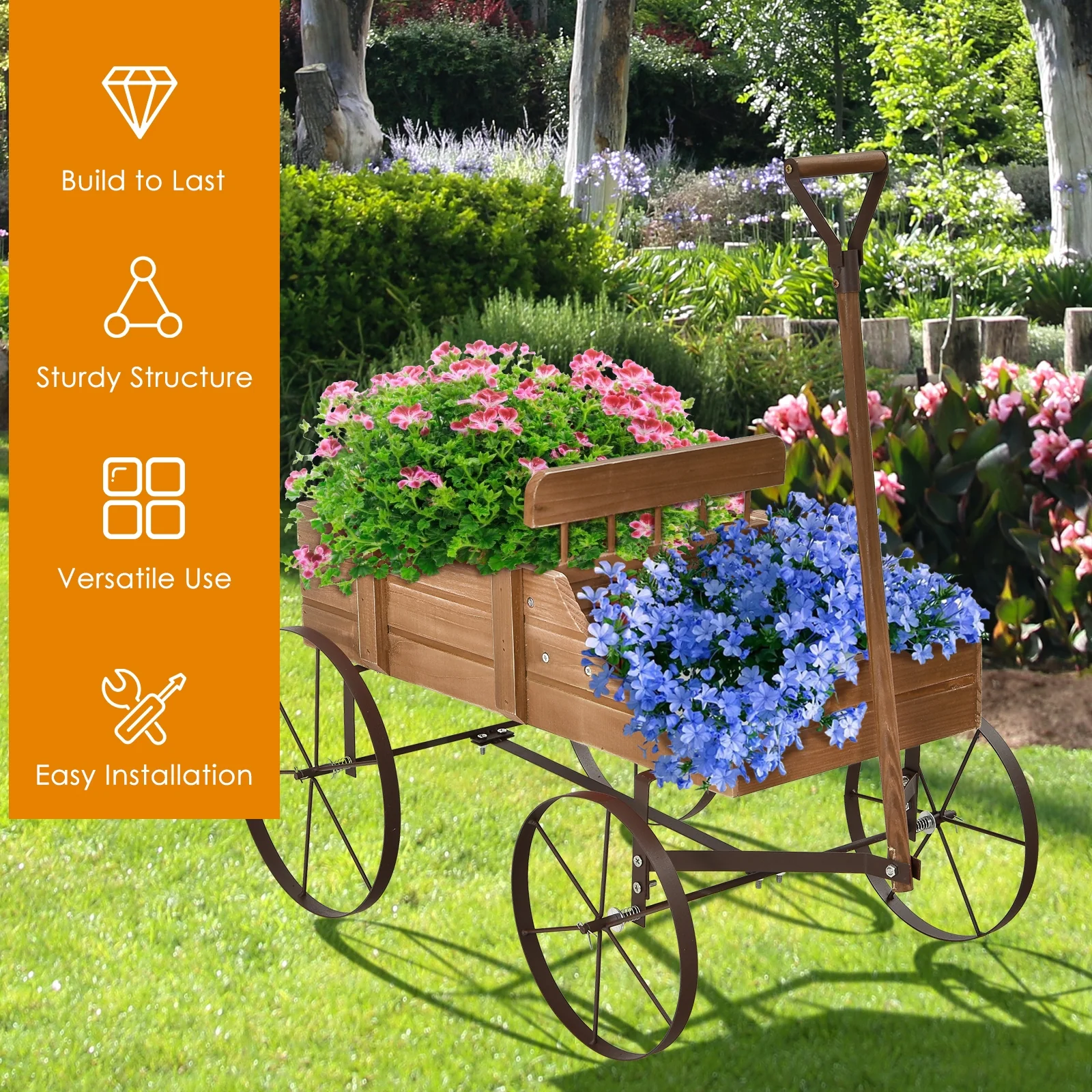 Wooden Wagon Plant Bed With Wheel, Brown - Image 10