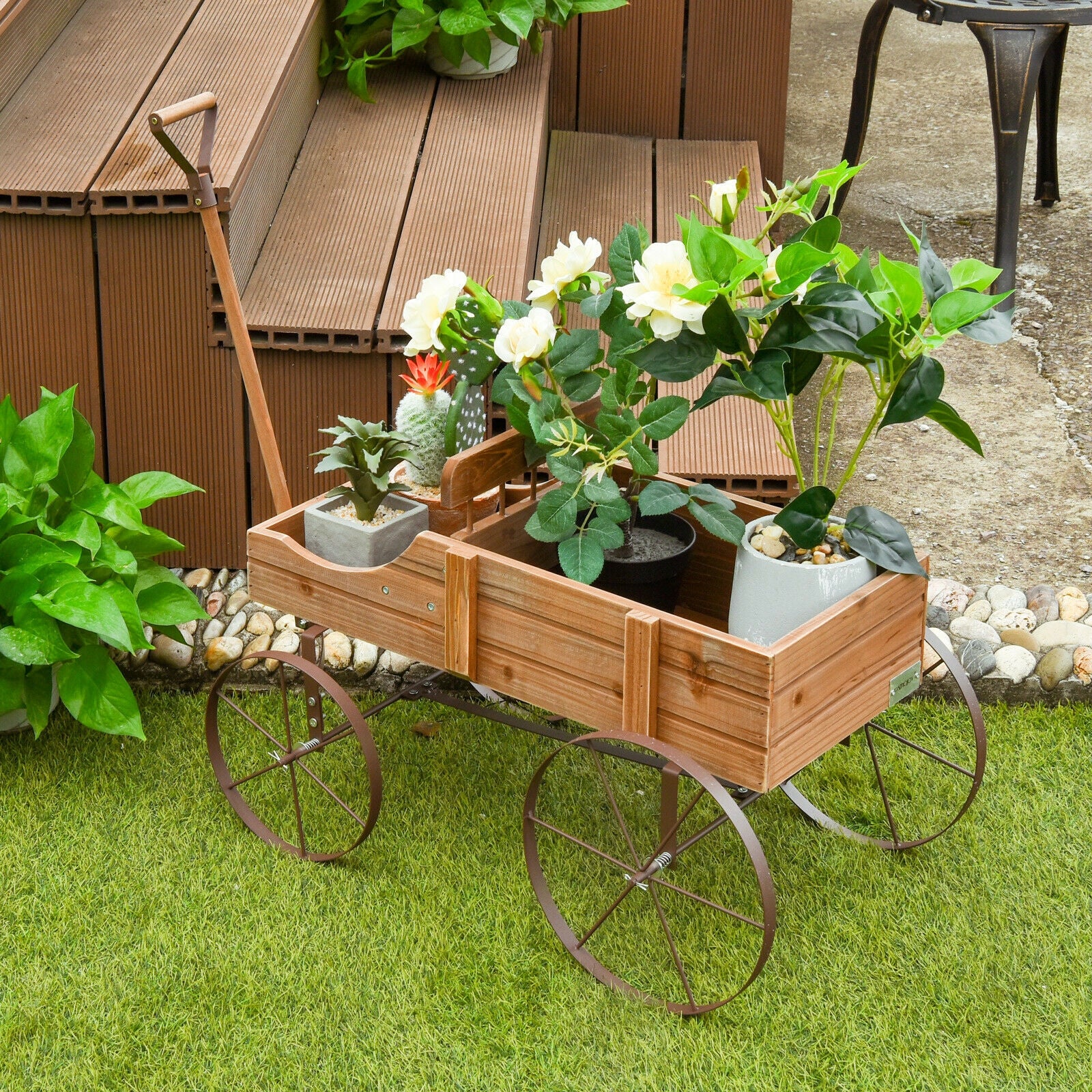 Wooden Wagon Plant Bed With Wheel, Brown - Image 2