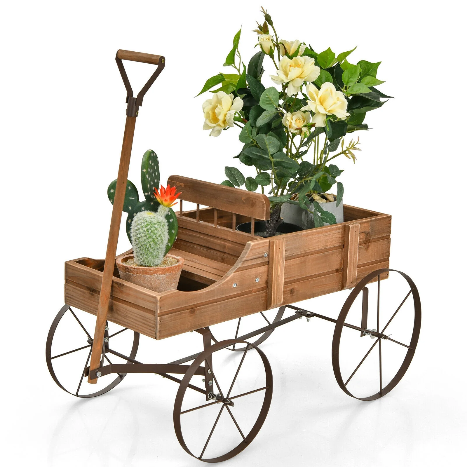 Wooden Wagon Plant Bed With Wheel, Brown - Image 4