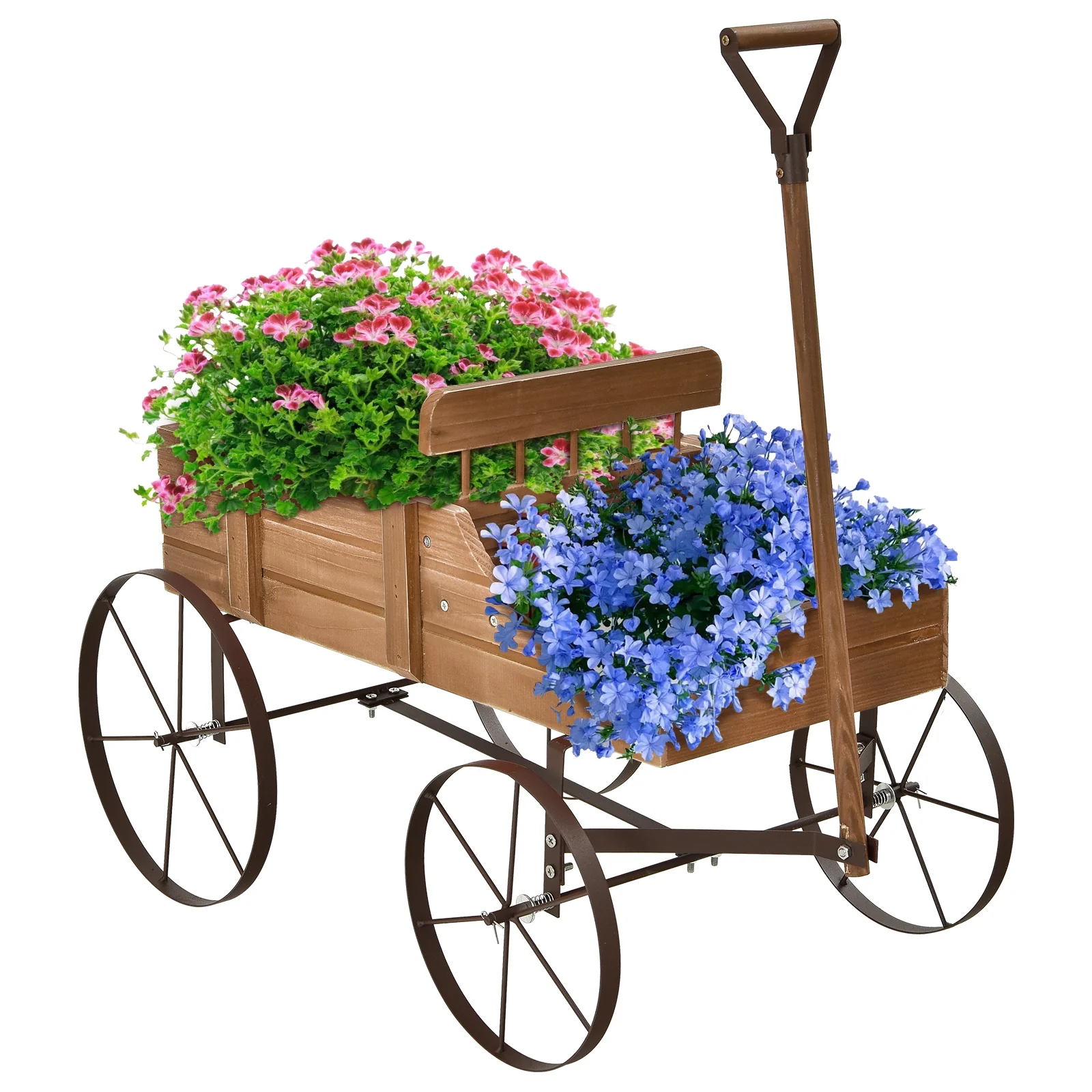 Wooden Wagon Plant Bed With Wheel, Brown - Image 5