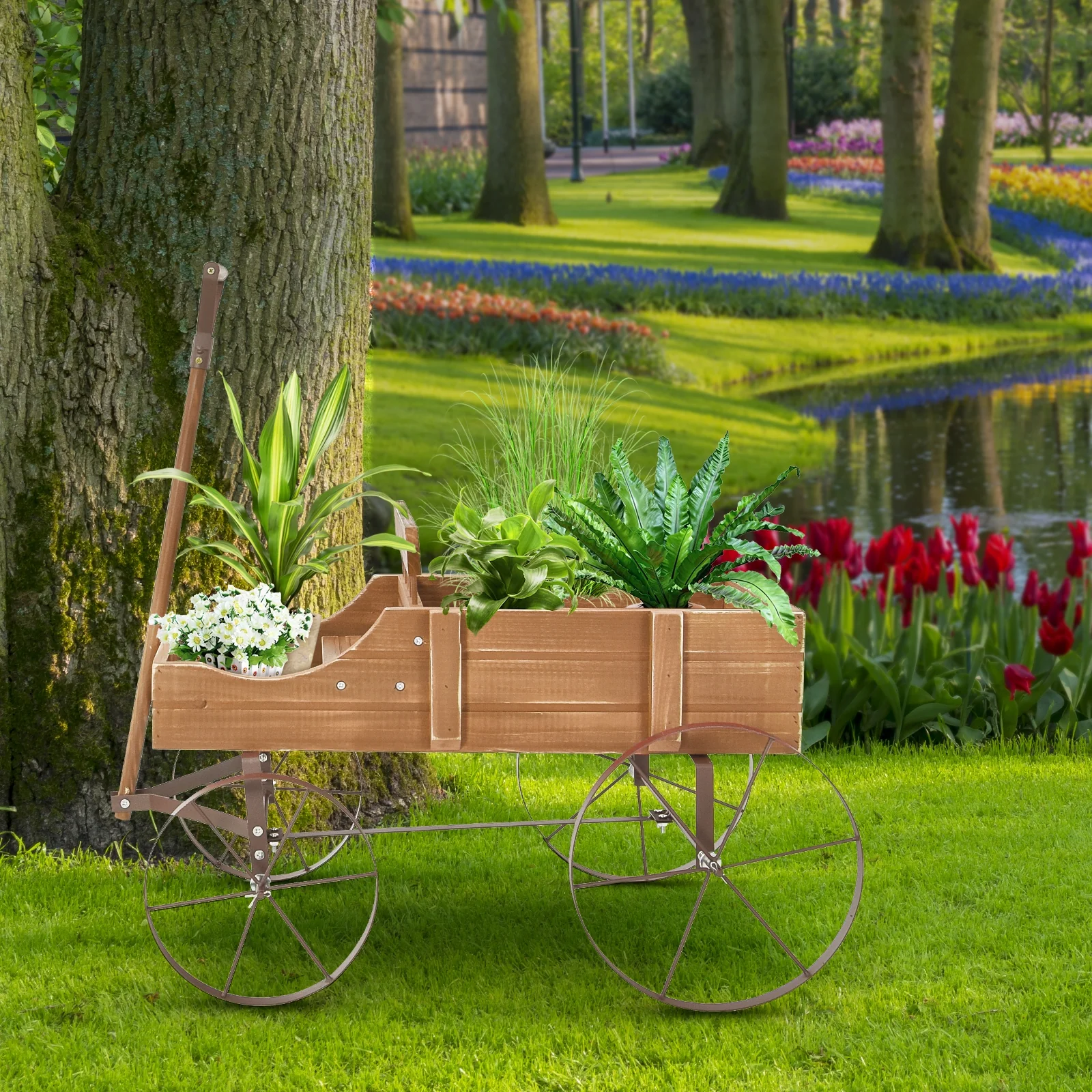 Wooden Wagon Plant Bed With Wheel, Brown - Image 7