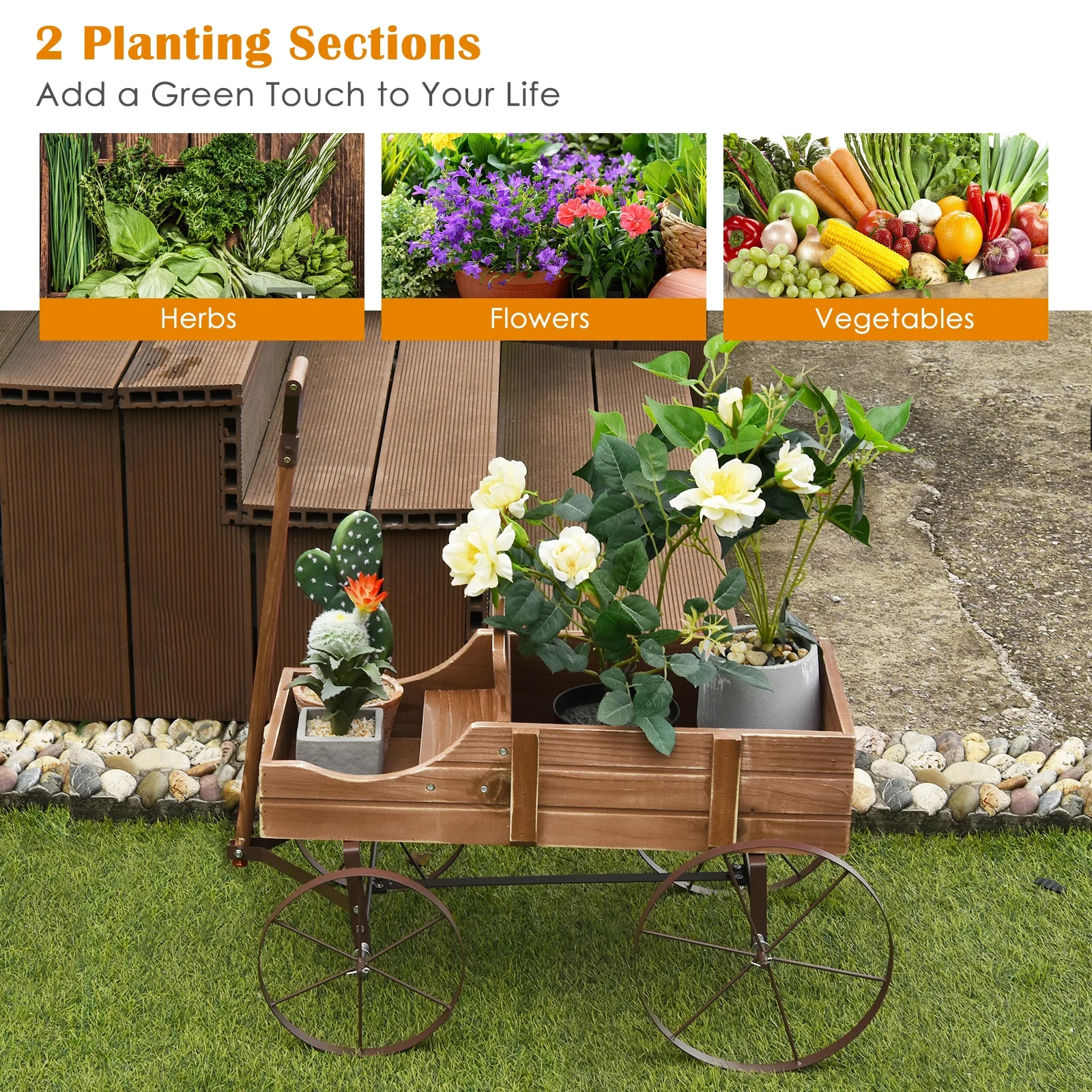 Wooden Wagon Plant Bed With Wheel, Brown - Image 8