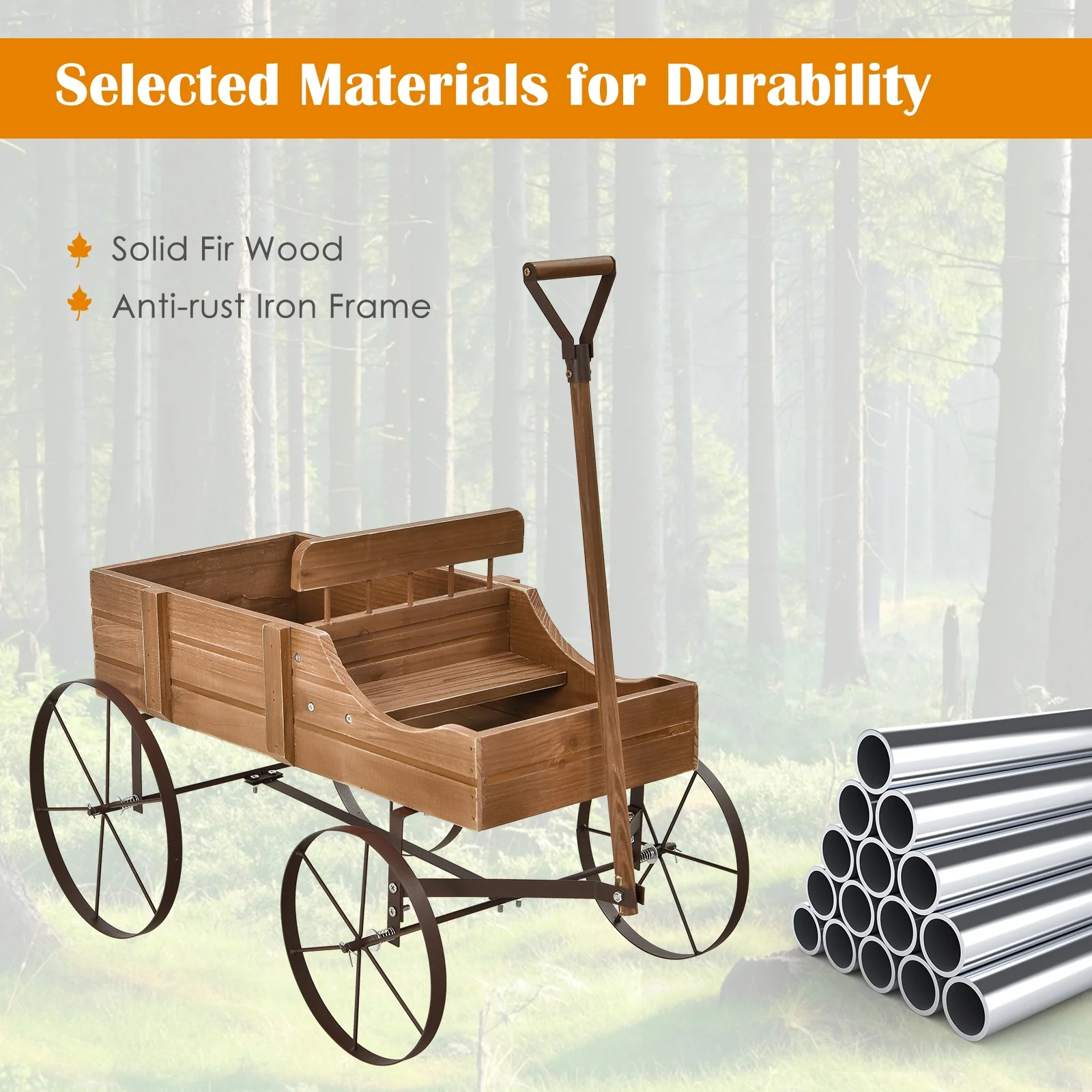 Wooden Wagon Plant Bed With Wheel, Brown - Image 9