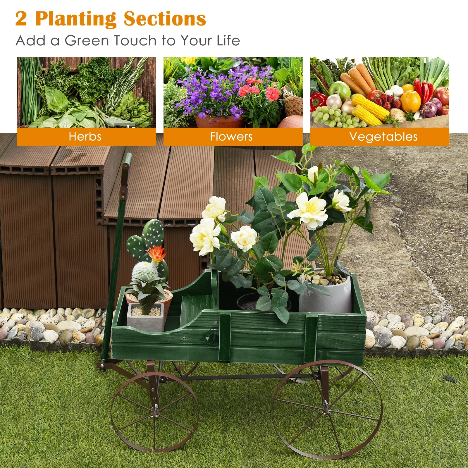 Wooden Wagon Plant Bed With Wheel, Green - Image 10