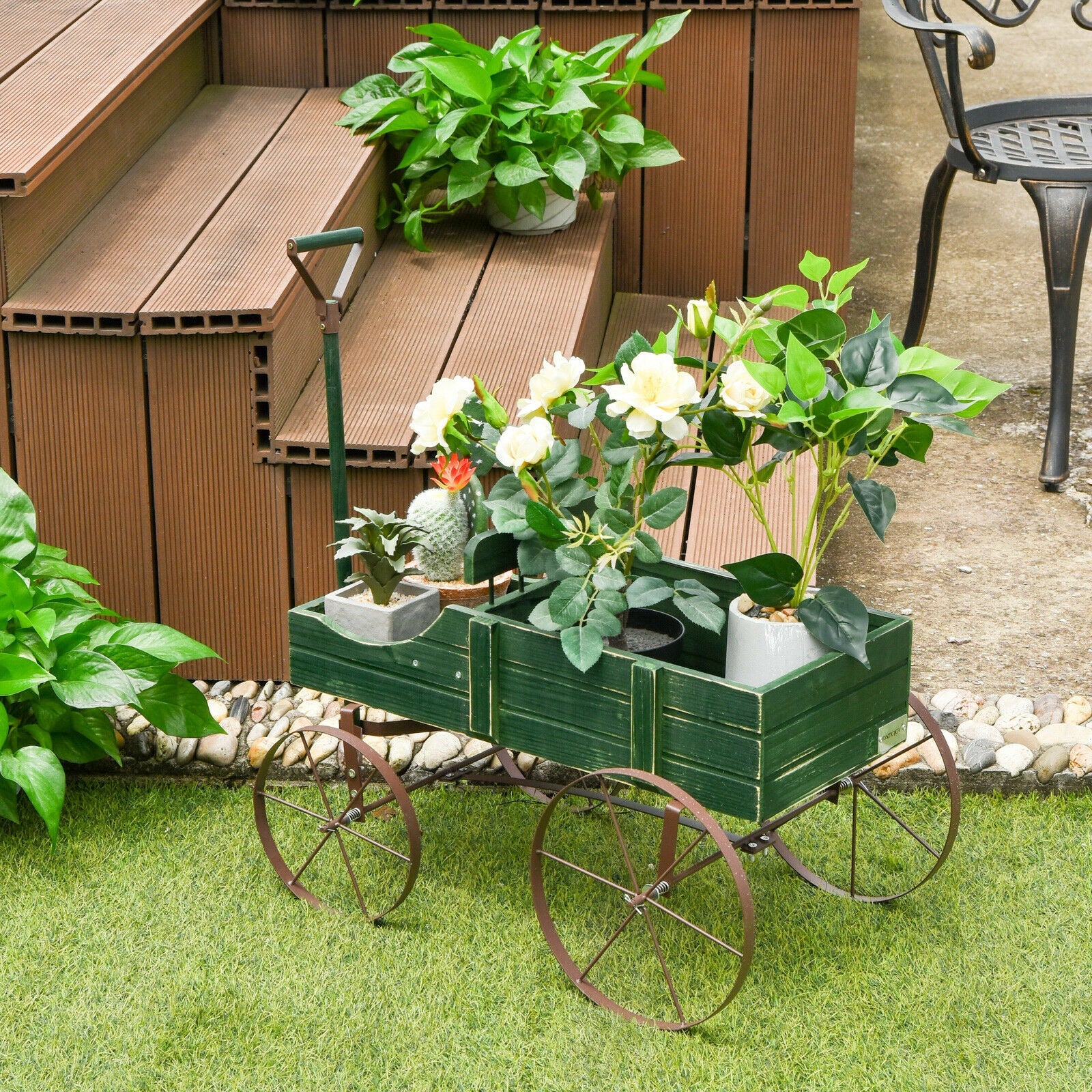 Wooden Wagon Plant Bed With Wheel, Green - Image 2