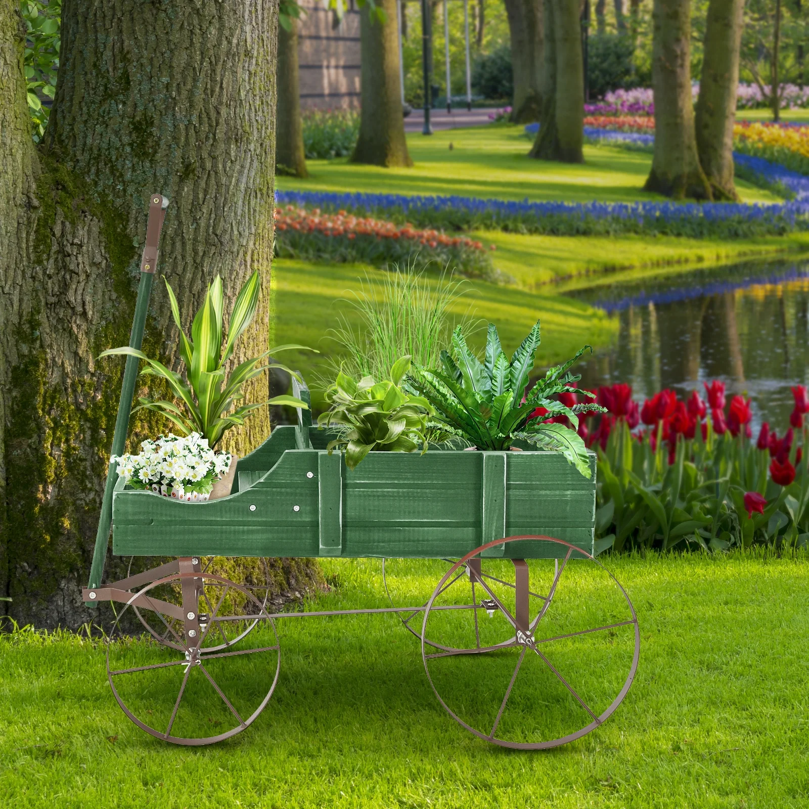 Wooden Wagon Plant Bed With Wheel, Green - Image 3