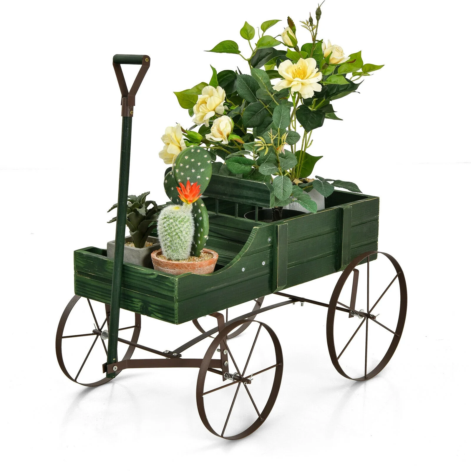 Wooden Wagon Plant Bed With Wheel, Green - Image 4