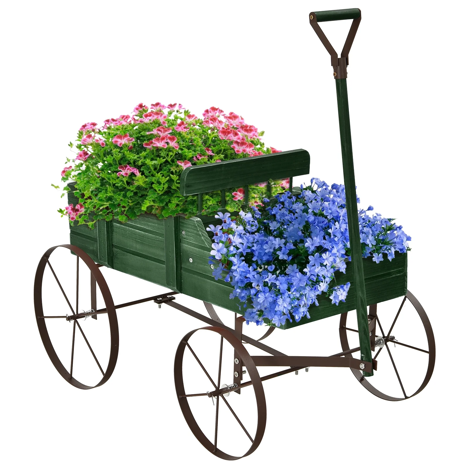 Wooden Wagon Plant Bed With Wheel, Green - Image 5