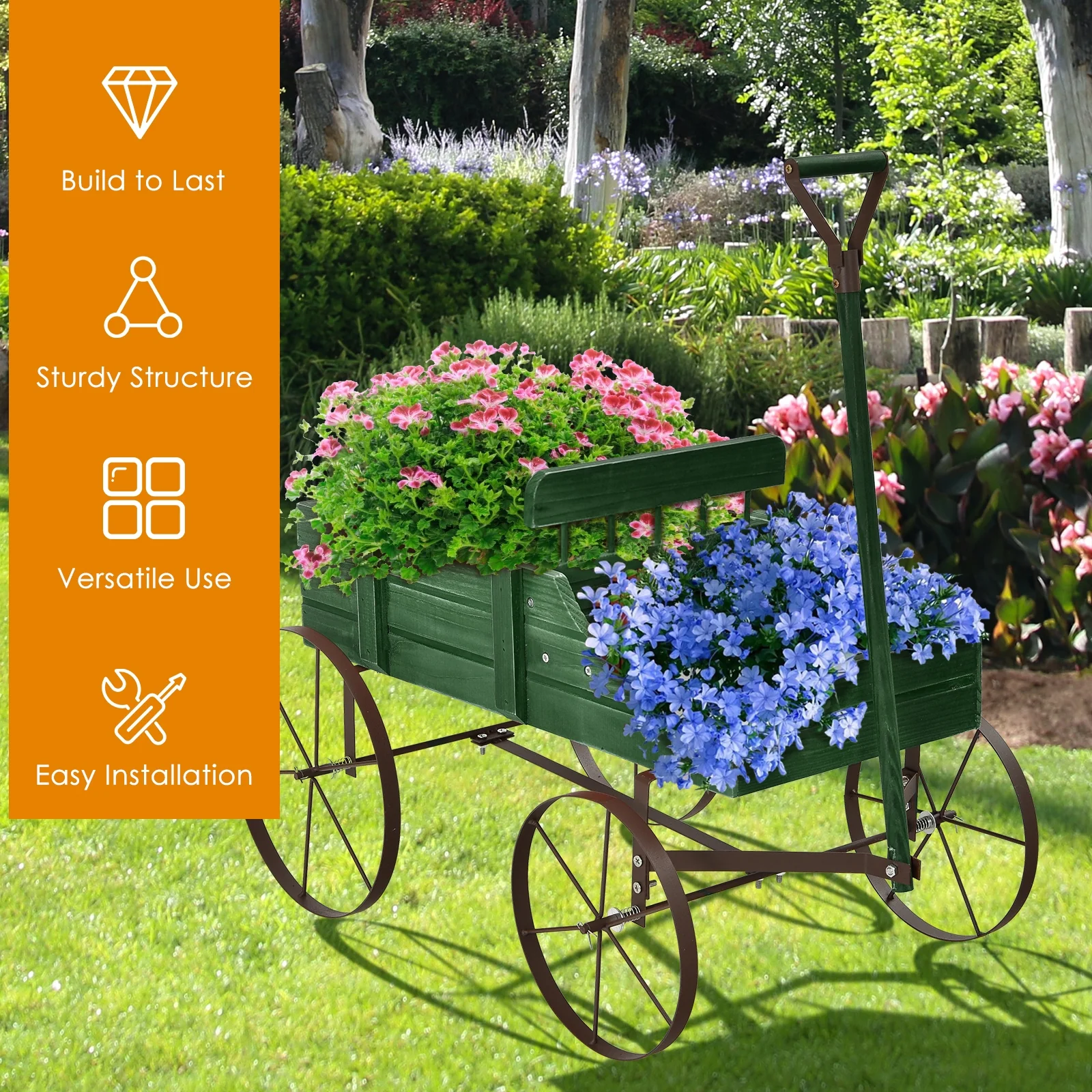 Wooden Wagon Plant Bed With Wheel, Green - Image 8