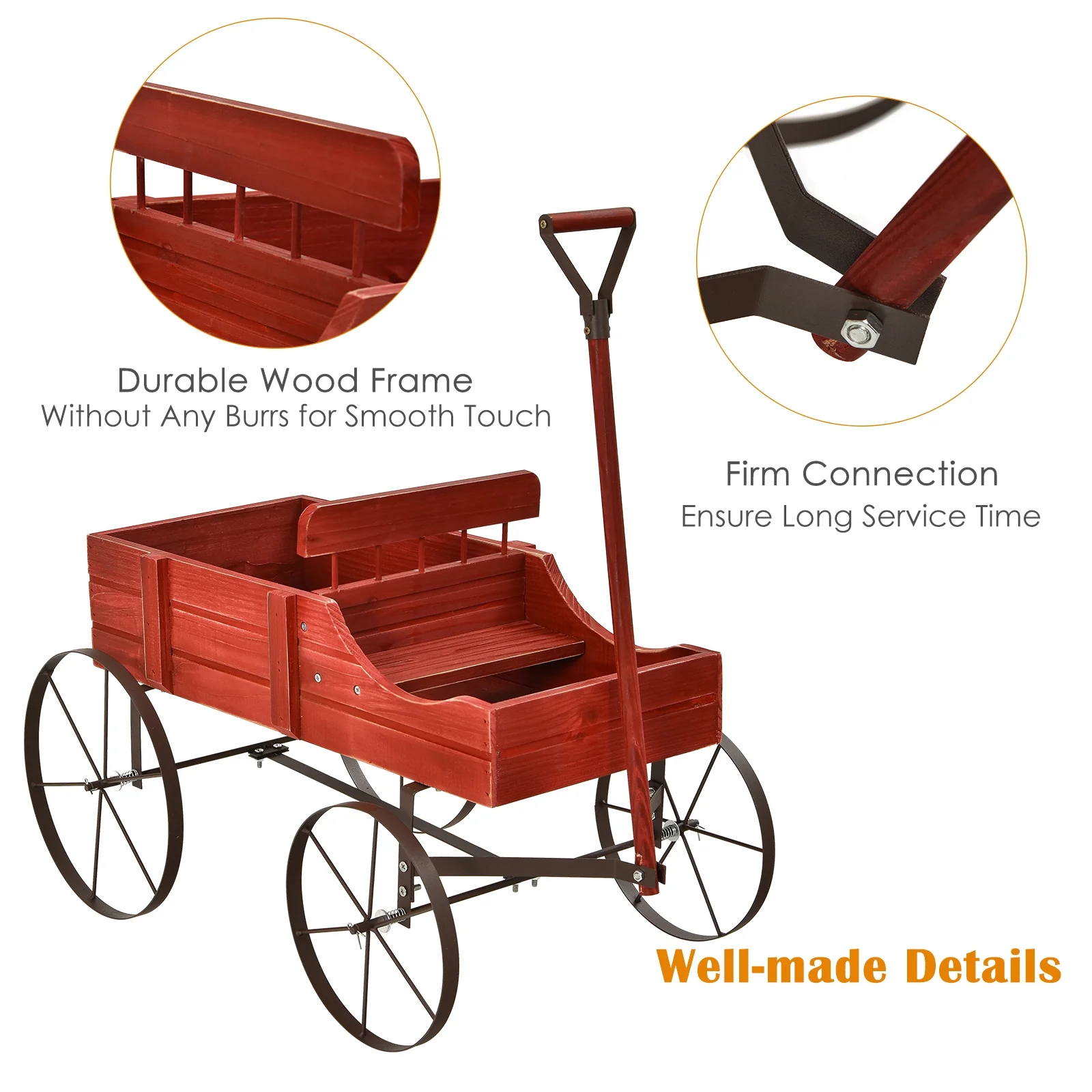 Wooden Wagon Plant Bed With Wheel, Red - Image 10