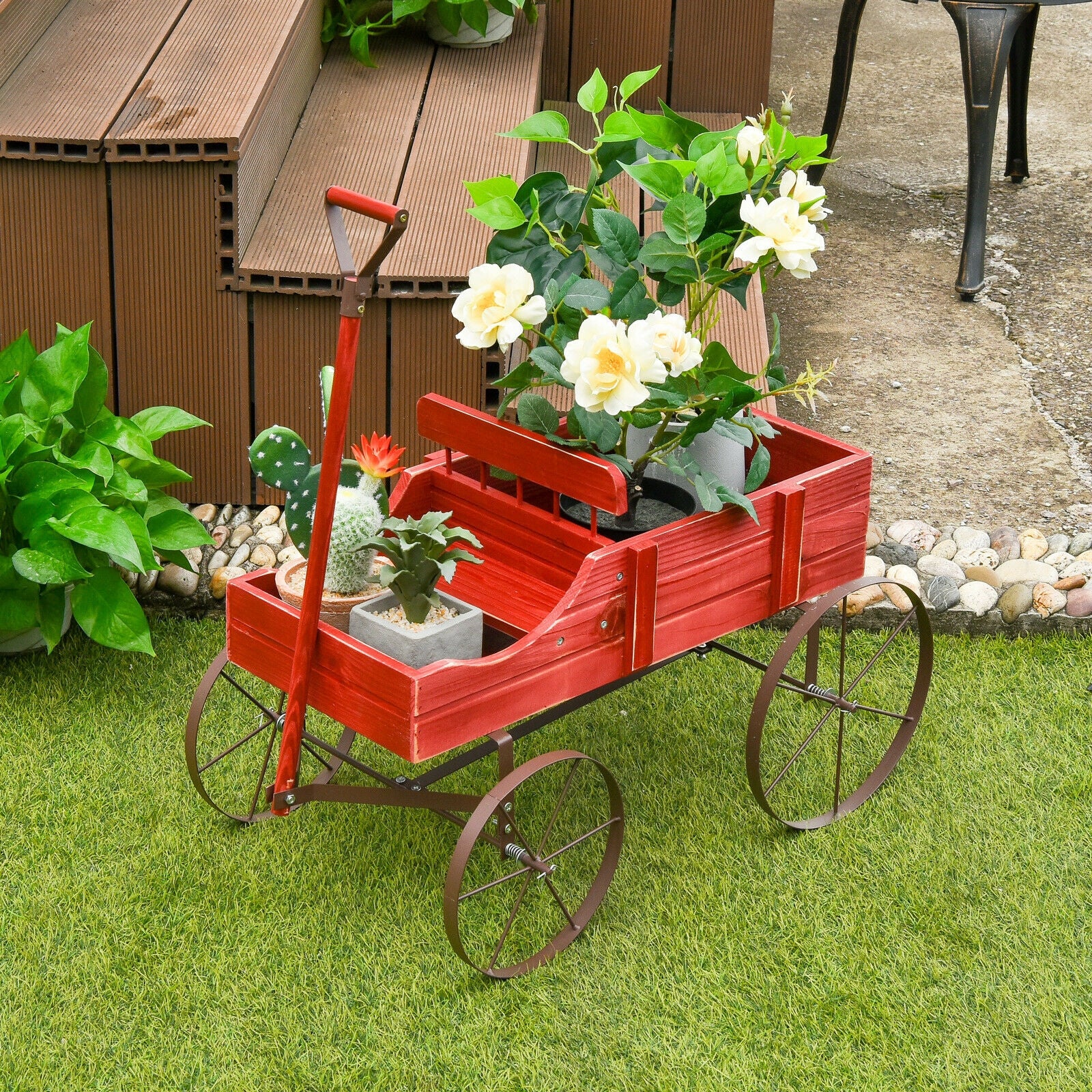 Wooden Wagon Plant Bed With Wheel, Red - Image 2