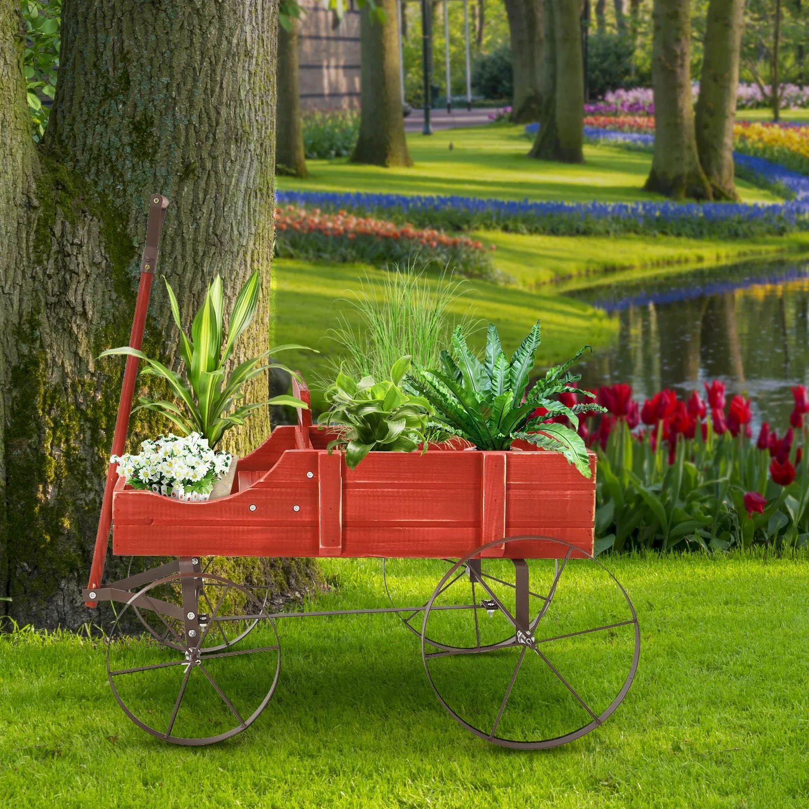 Wooden Wagon Plant Bed With Wheel, Red - Image 3