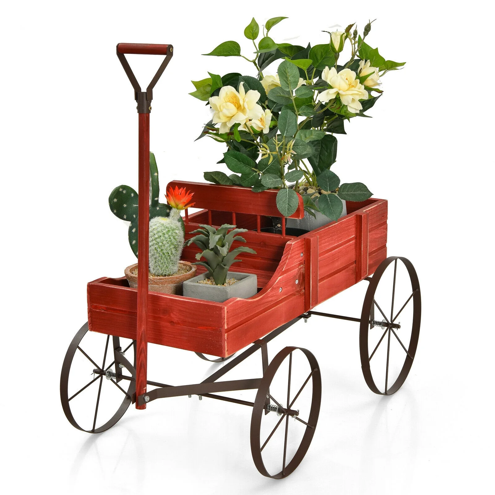 Wooden Wagon Plant Bed With Wheel, Red - Image 4