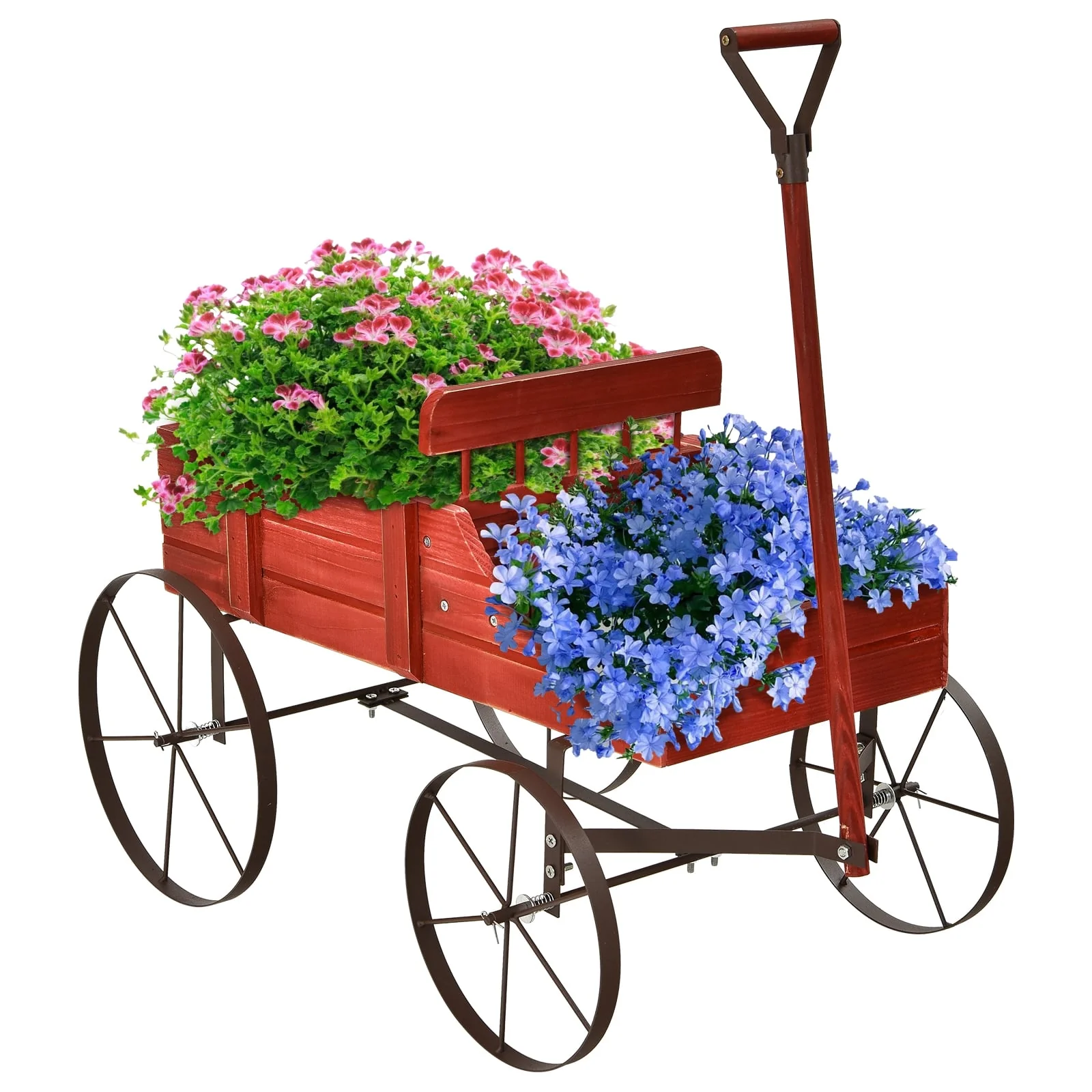 Wooden Wagon Plant Bed With Wheel, Red - Image 5