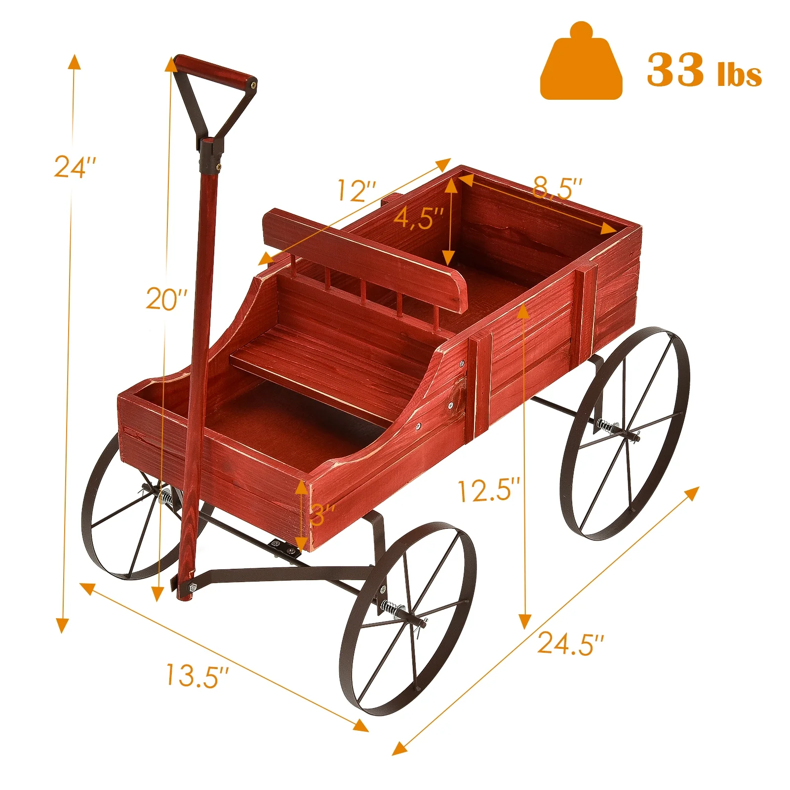 Wooden Wagon Plant Bed With Wheel, Red - Image 6