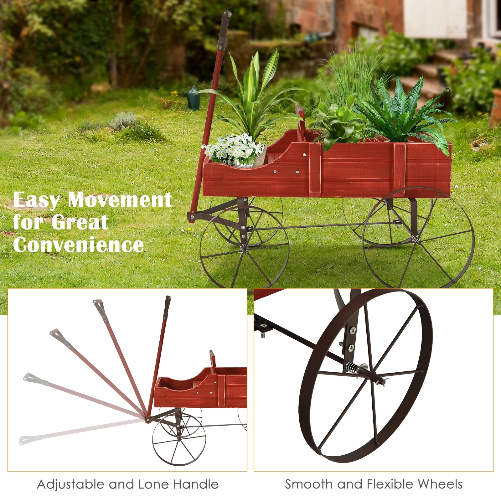 Wooden Wagon Plant Bed With Wheel, Red - Image 8