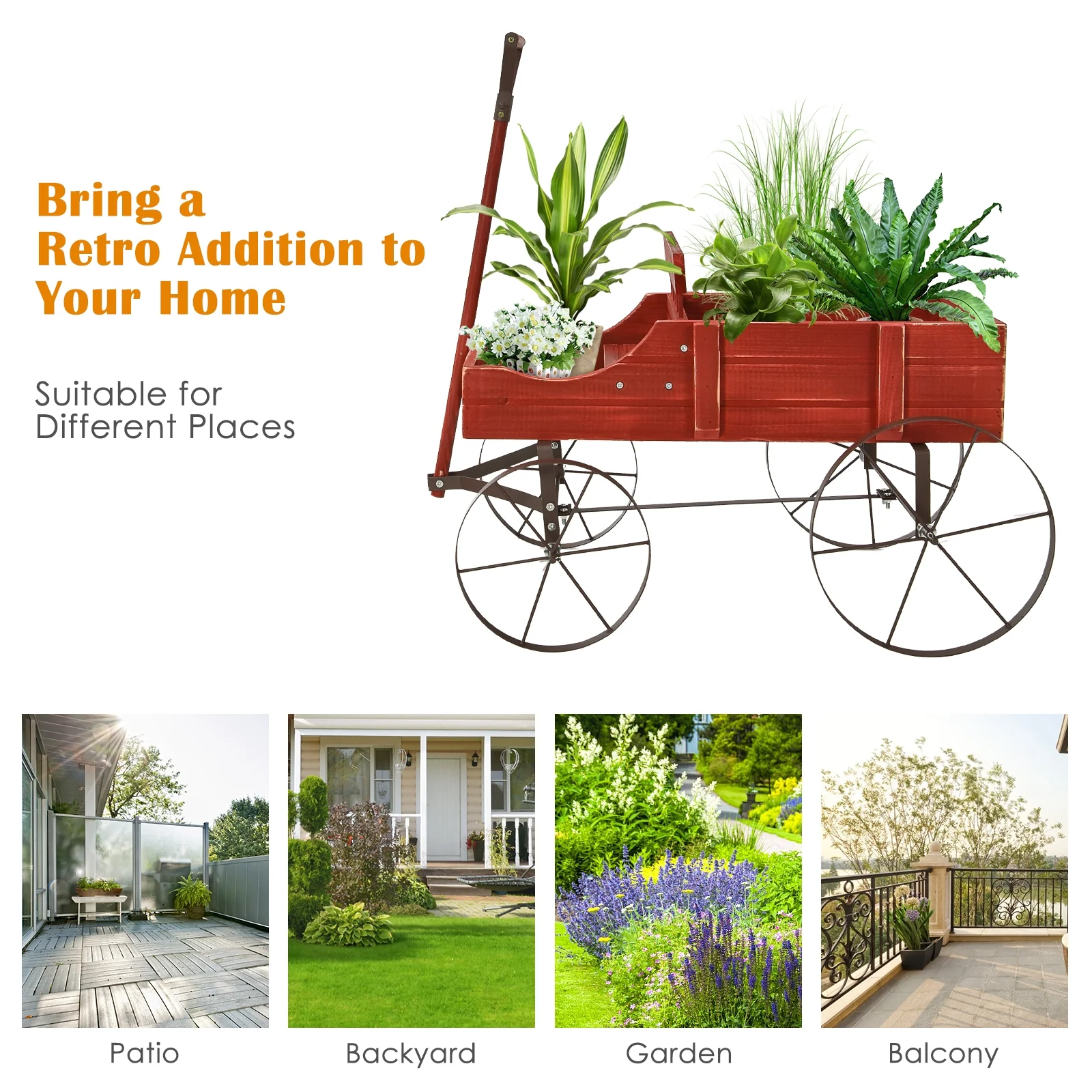 Wooden Wagon Plant Bed With Wheel, Red - Image 9