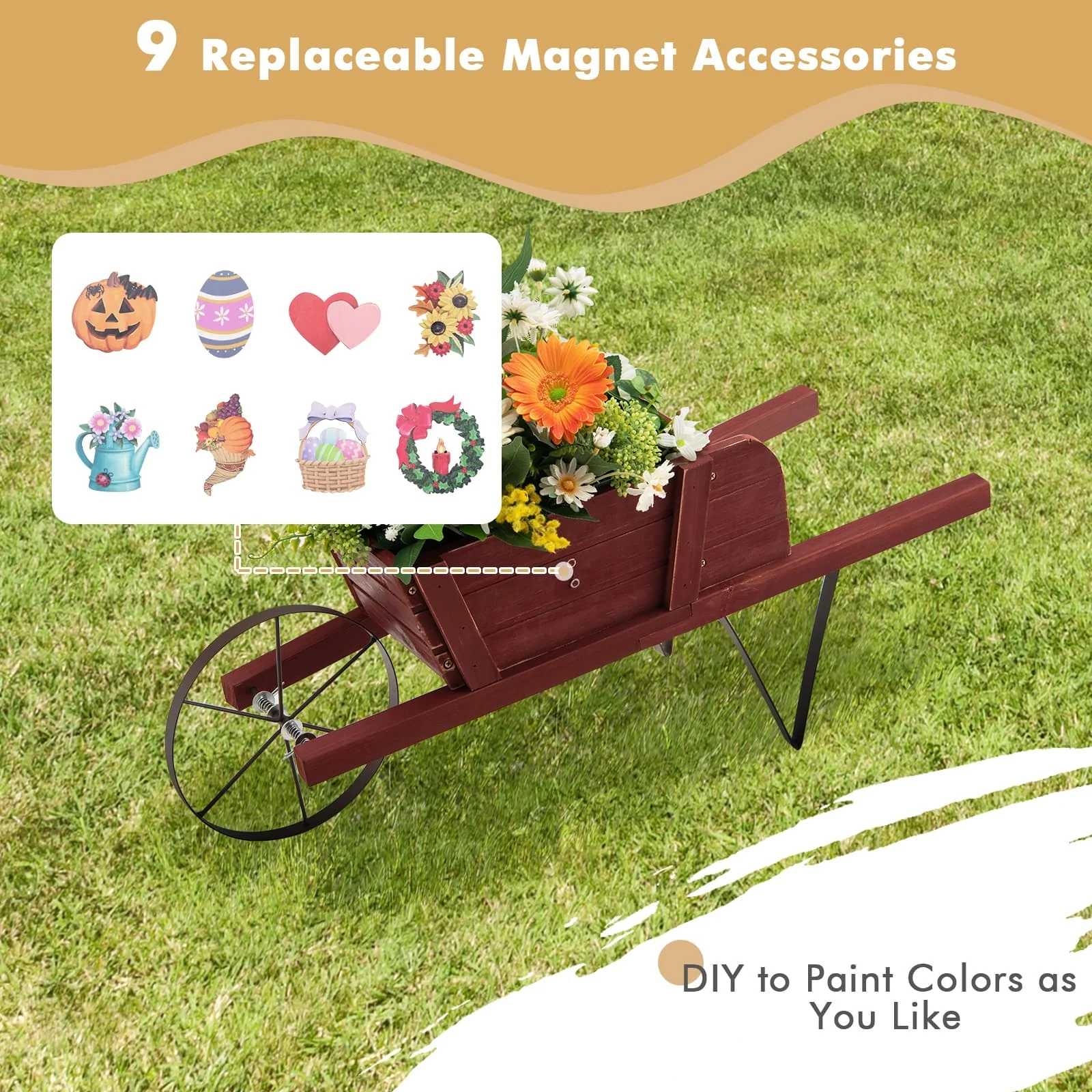 Wooden Wagon Planter, 9 Magnetic Accessories, Red - Image 7