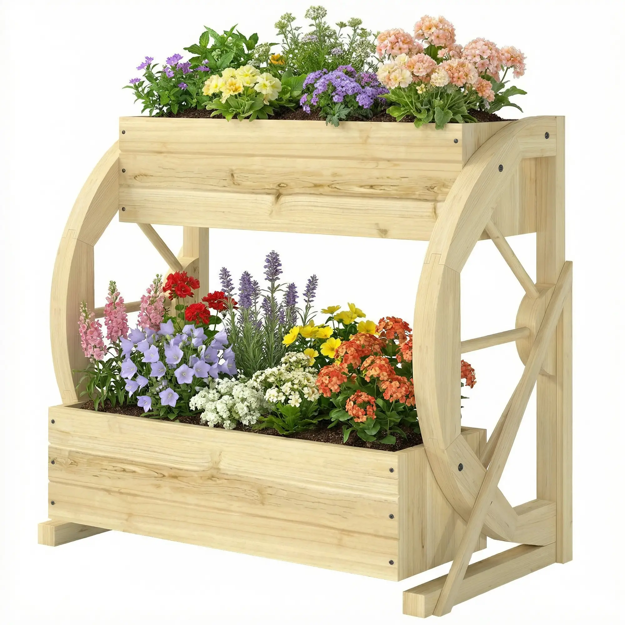 Wooden Wagon Planter Box, 2-Tier Raised Garden Bed, Wooden