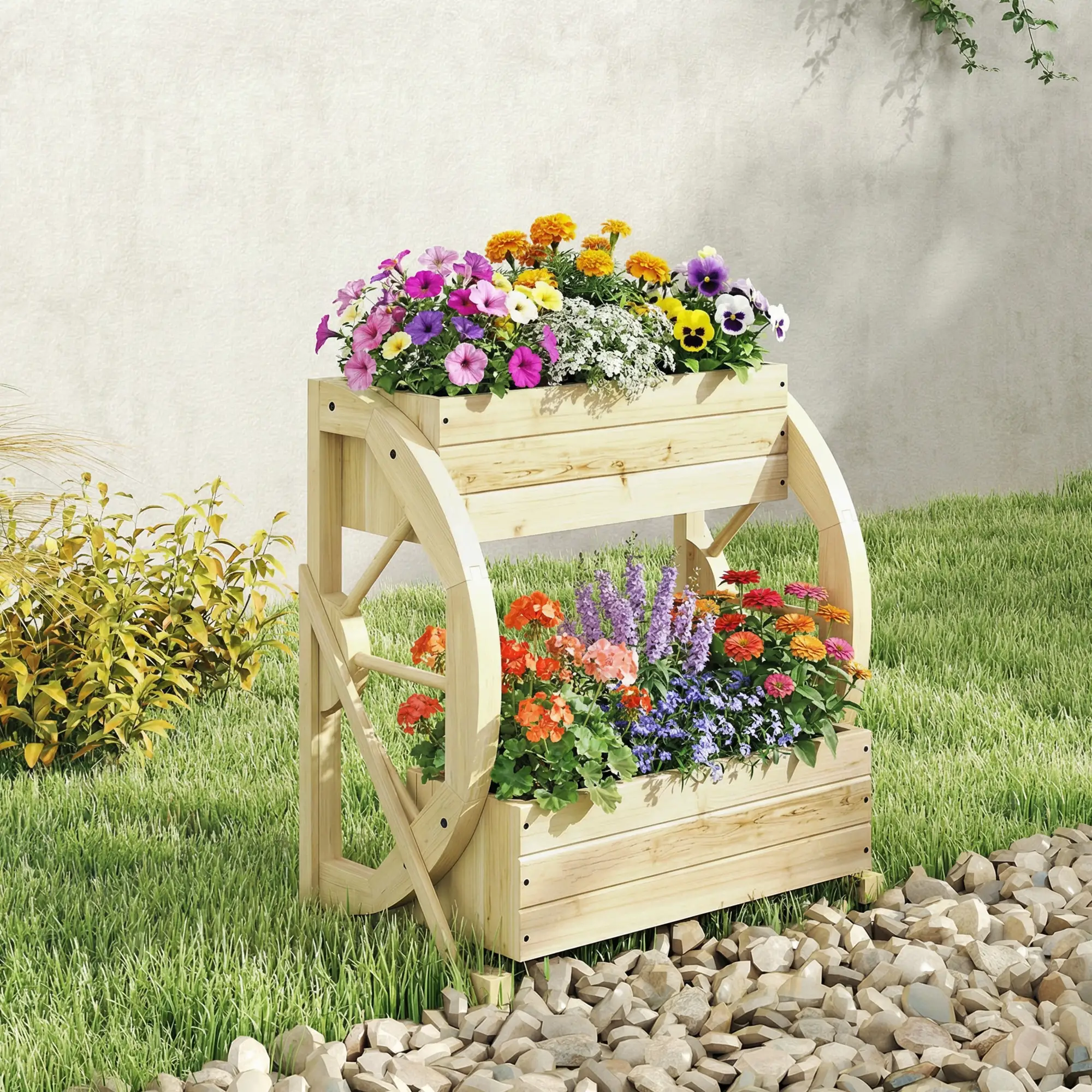 Wooden Wagon Planter Box, 2-Tier Raised Garden Bed, Wooden - Image 2