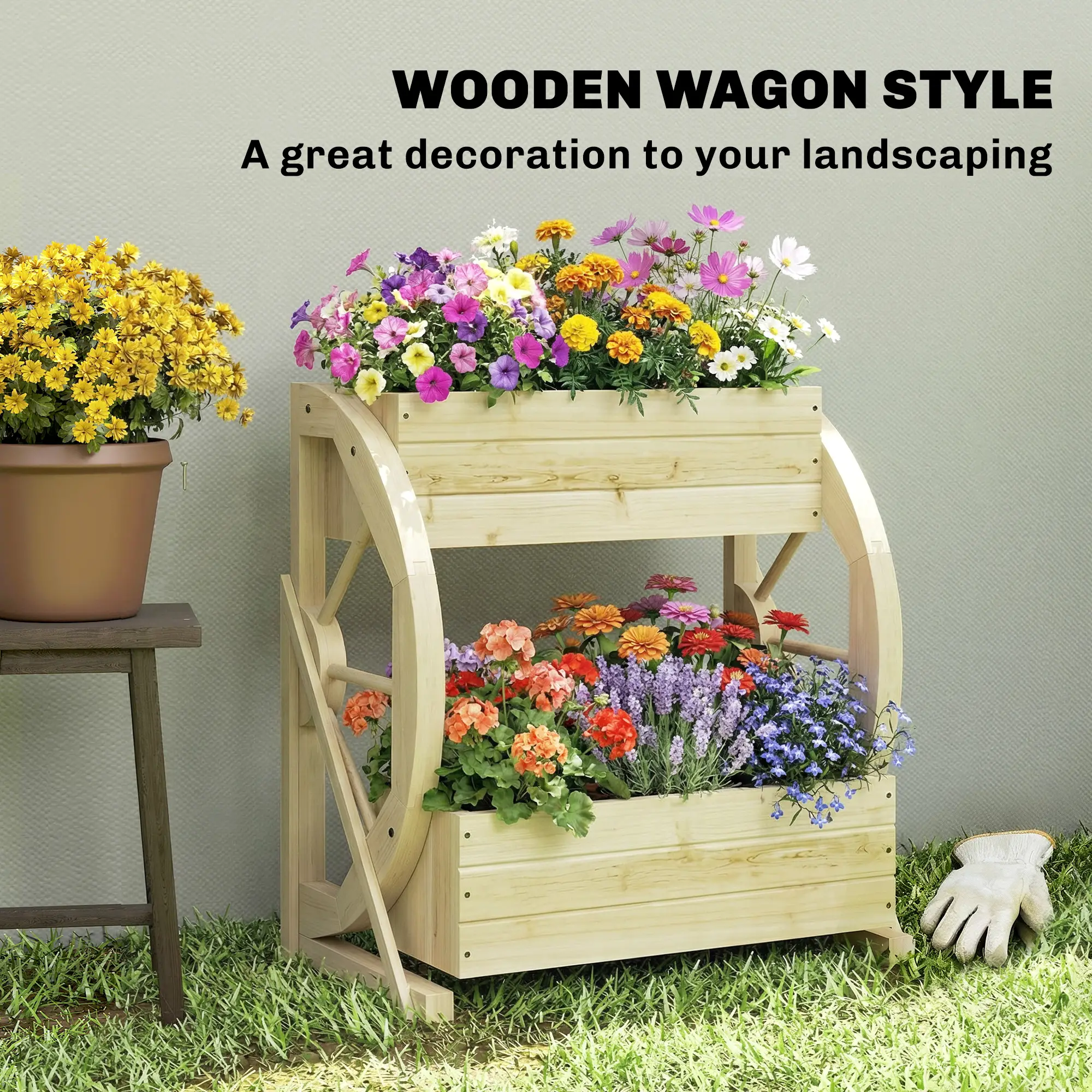 Wooden Wagon Planter Box, 2-Tier Raised Garden Bed, Wooden - Image 4