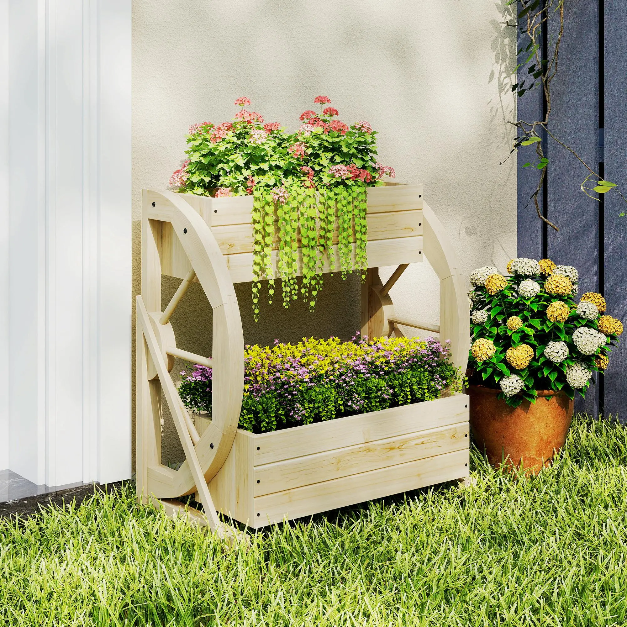 Wooden Wagon Planter Box, 2-Tier Raised Garden Bed, Wooden - Image 7