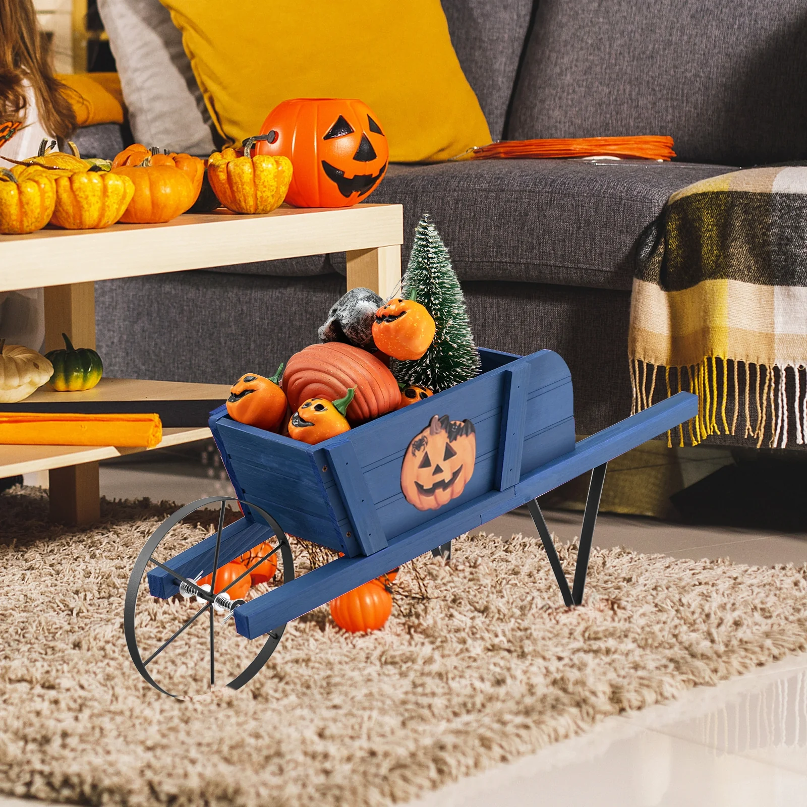 Wooden Wagon Planter With 9 Magnetic Accessories, Blue - Image 2