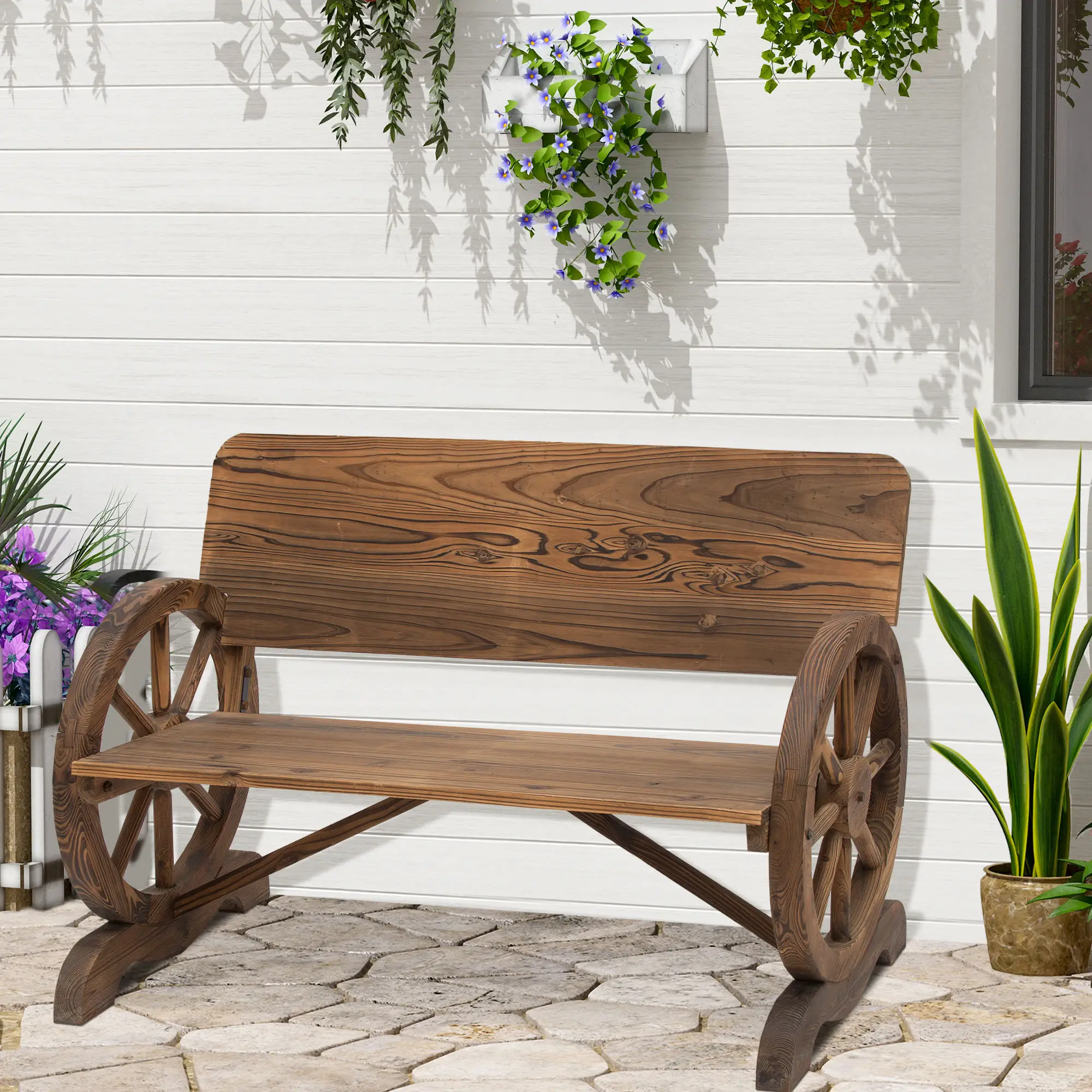 Wooden Wagon Wheel Bench, Rustic 2 Seater, Garden Outdoor Chair - Image 2