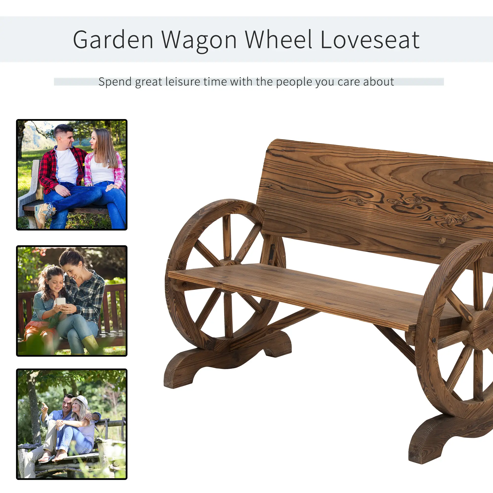 Wooden Wagon Wheel Bench, Rustic 2 Seater, Garden Outdoor Chair - Image 5