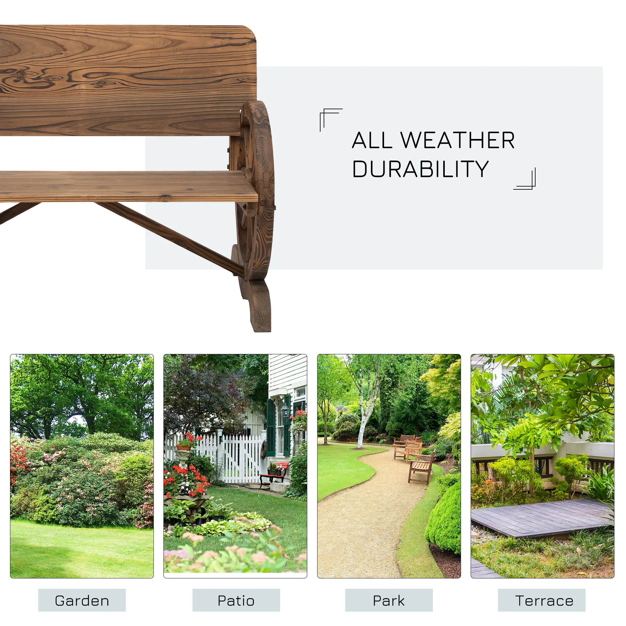 Wooden Wagon Wheel Bench, Rustic 2 Seater, Garden Outdoor Chair - Image 7