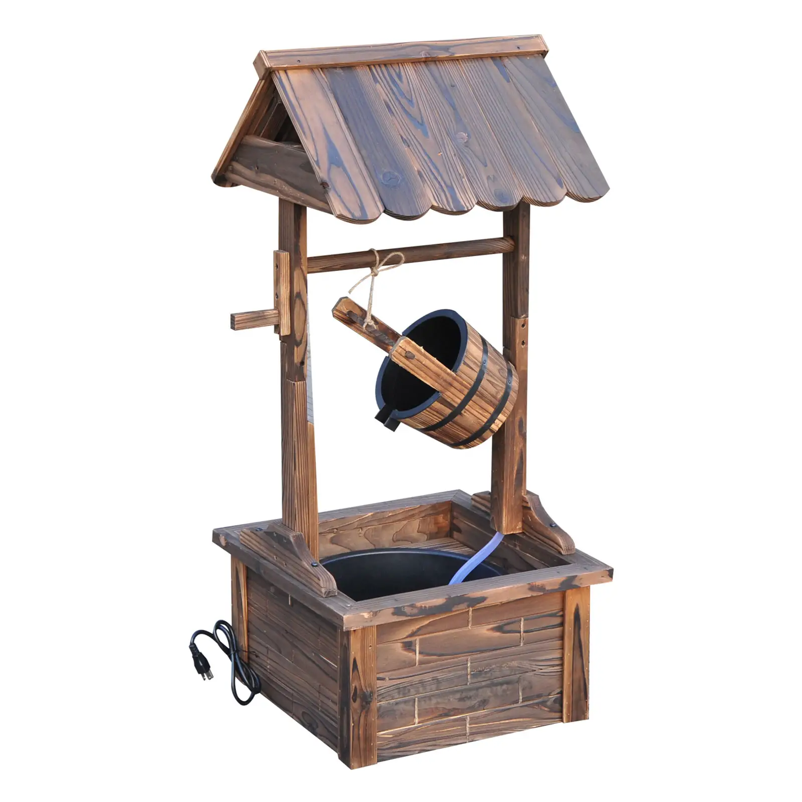 Wooden Well Wishing Fountain, Outdoor Electric Pump Water Bucket, Patio Garden, Carbonized