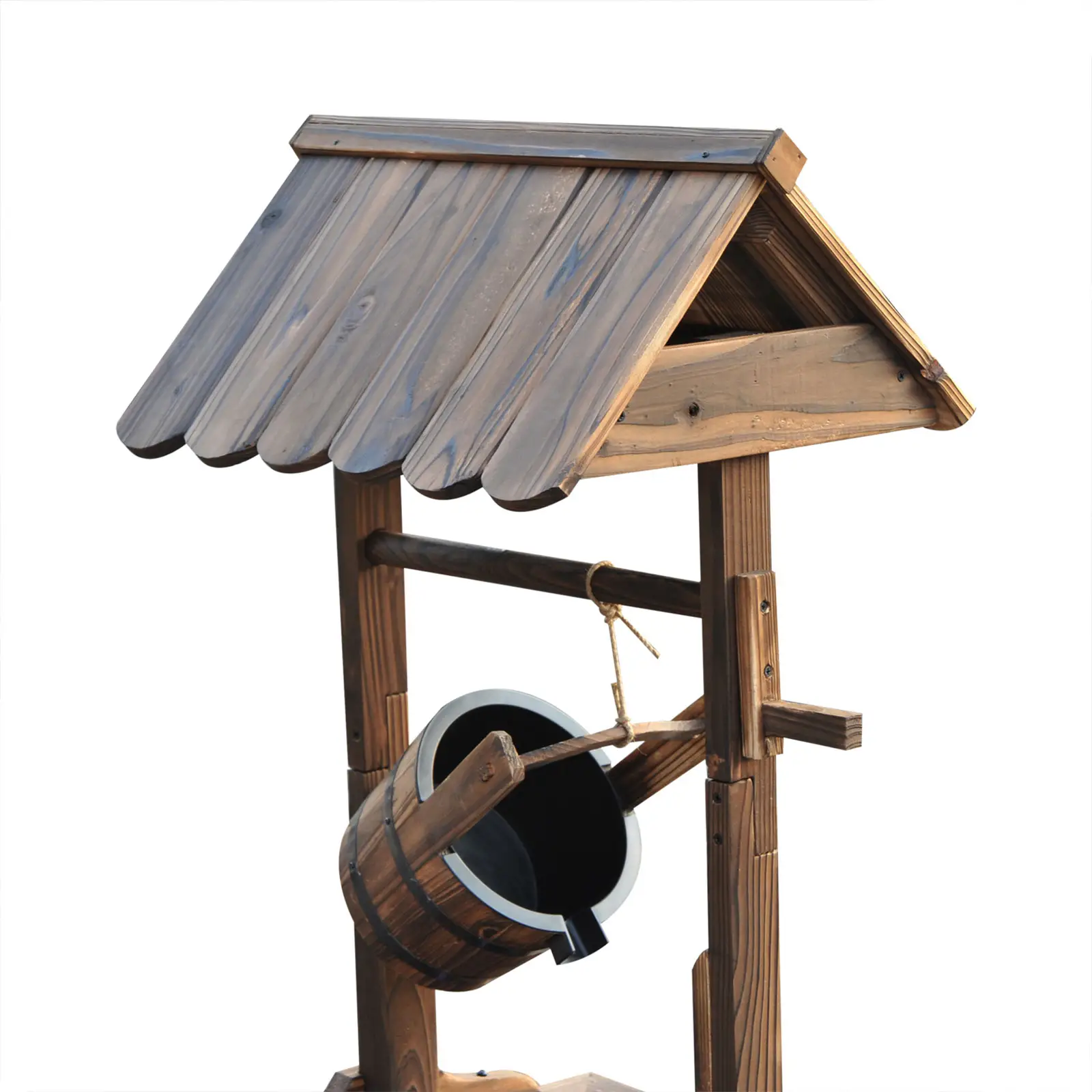Wooden Well Wishing Fountain, Outdoor Electric Pump Water Bucket, Patio Garden, Carbonized - Image 10