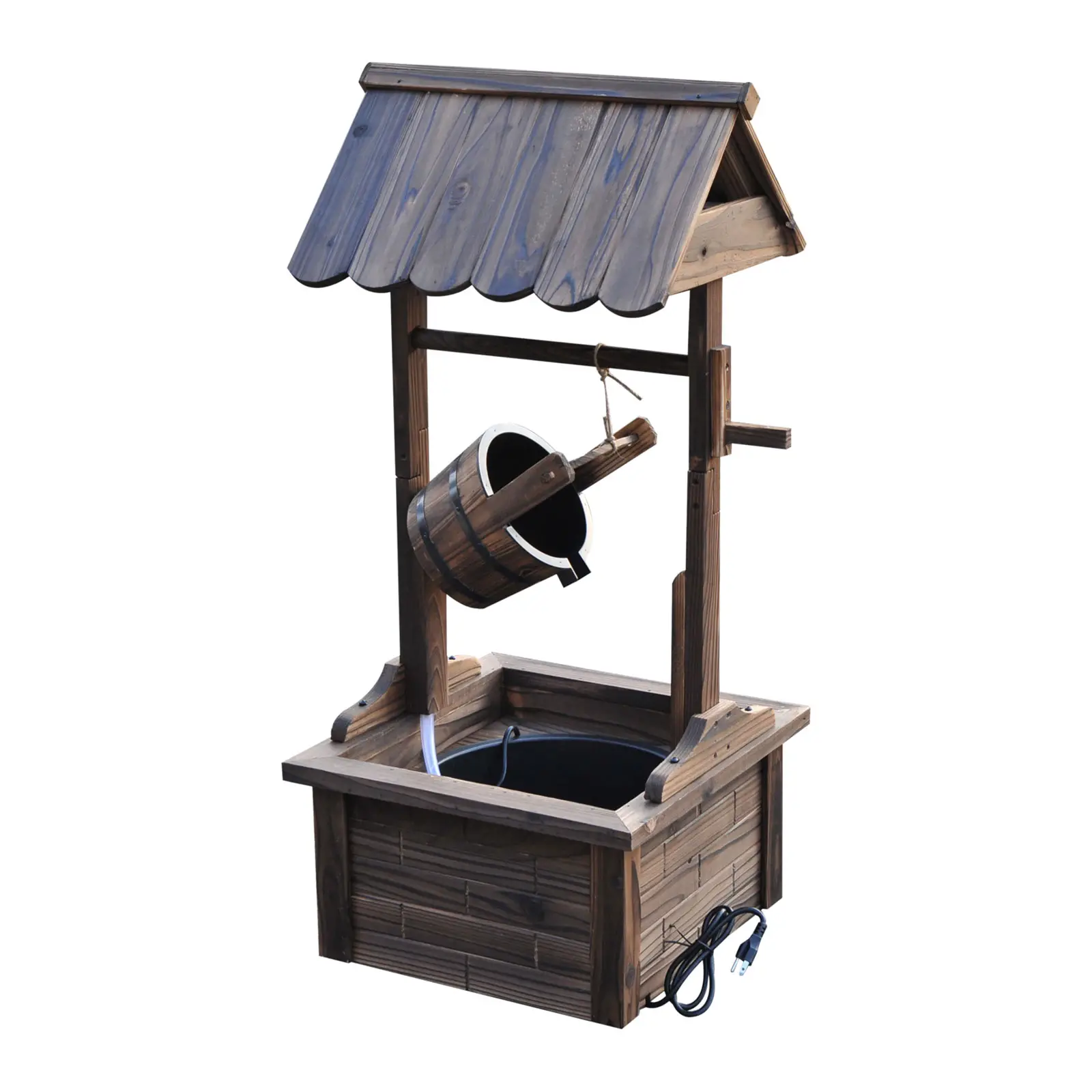 Wooden Well Wishing Fountain, Outdoor Electric Pump Water Bucket, Patio Garden, Carbonized - Image 11