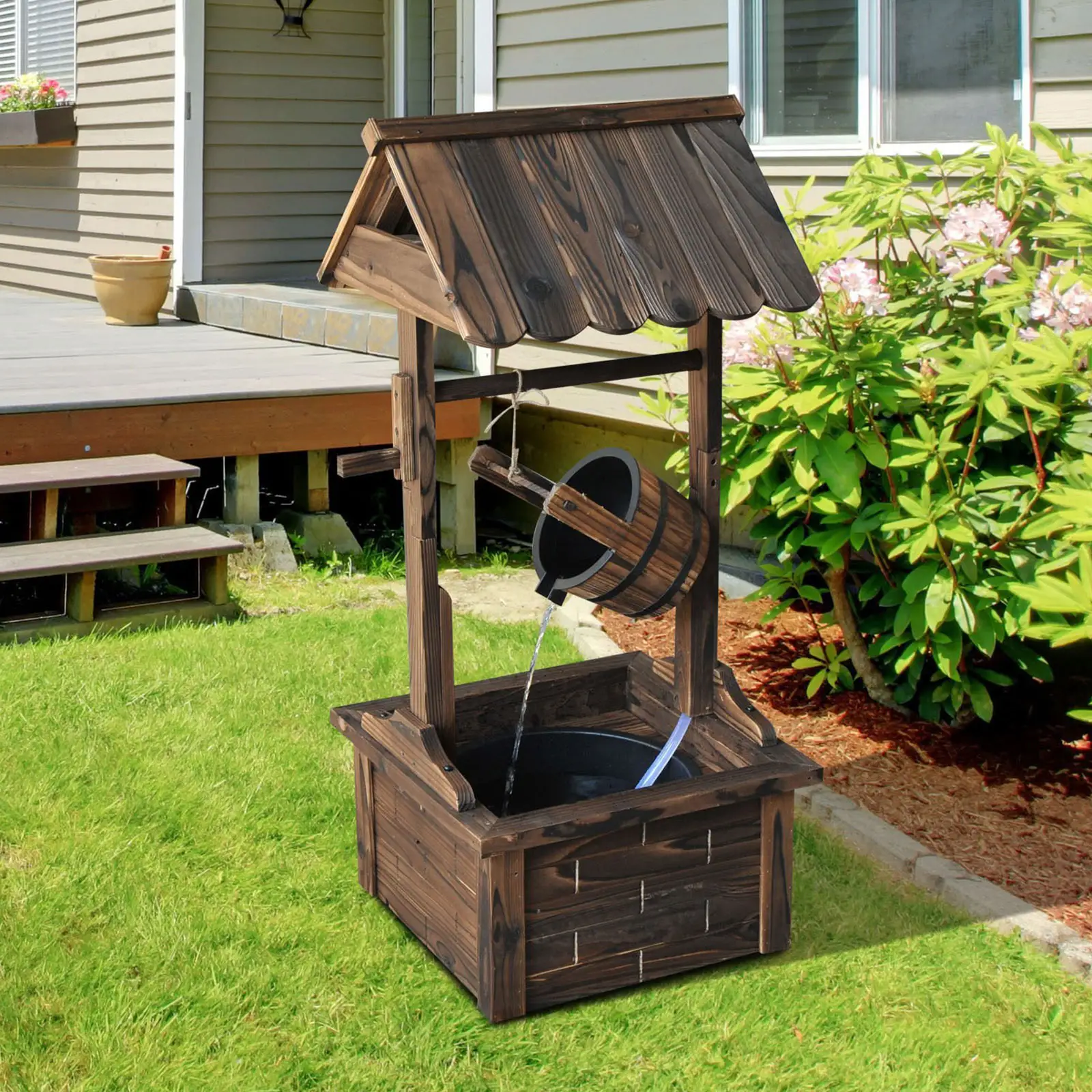 Wooden Well Wishing Fountain, Outdoor Electric Pump Water Bucket, Patio Garden, Carbonized - Image 2